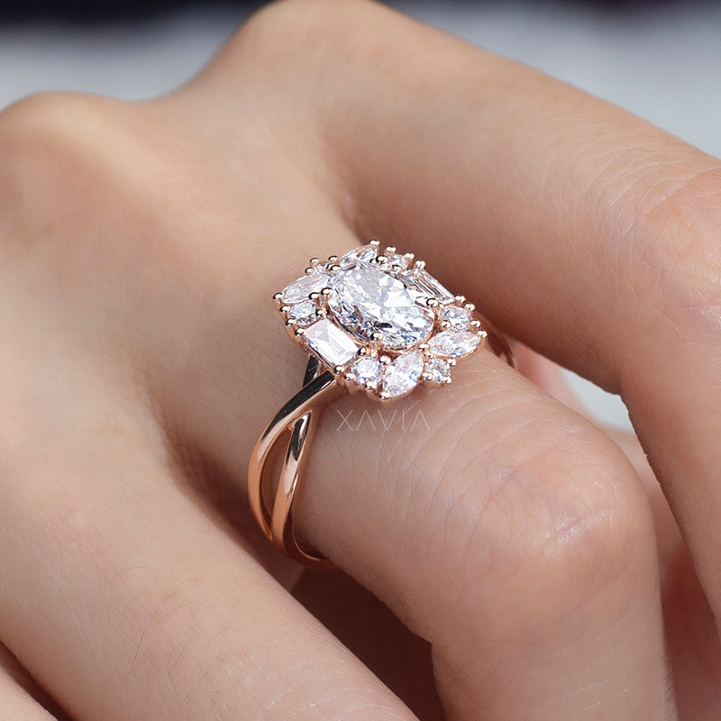 Rose gold ring with a large diamond on a finger
