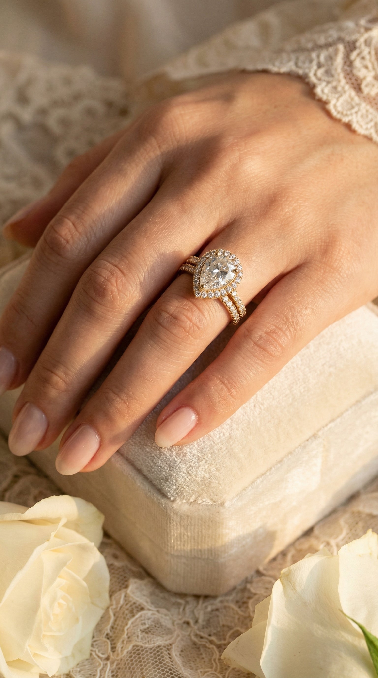 Hand wearing a diamond ring on a lace fabric background