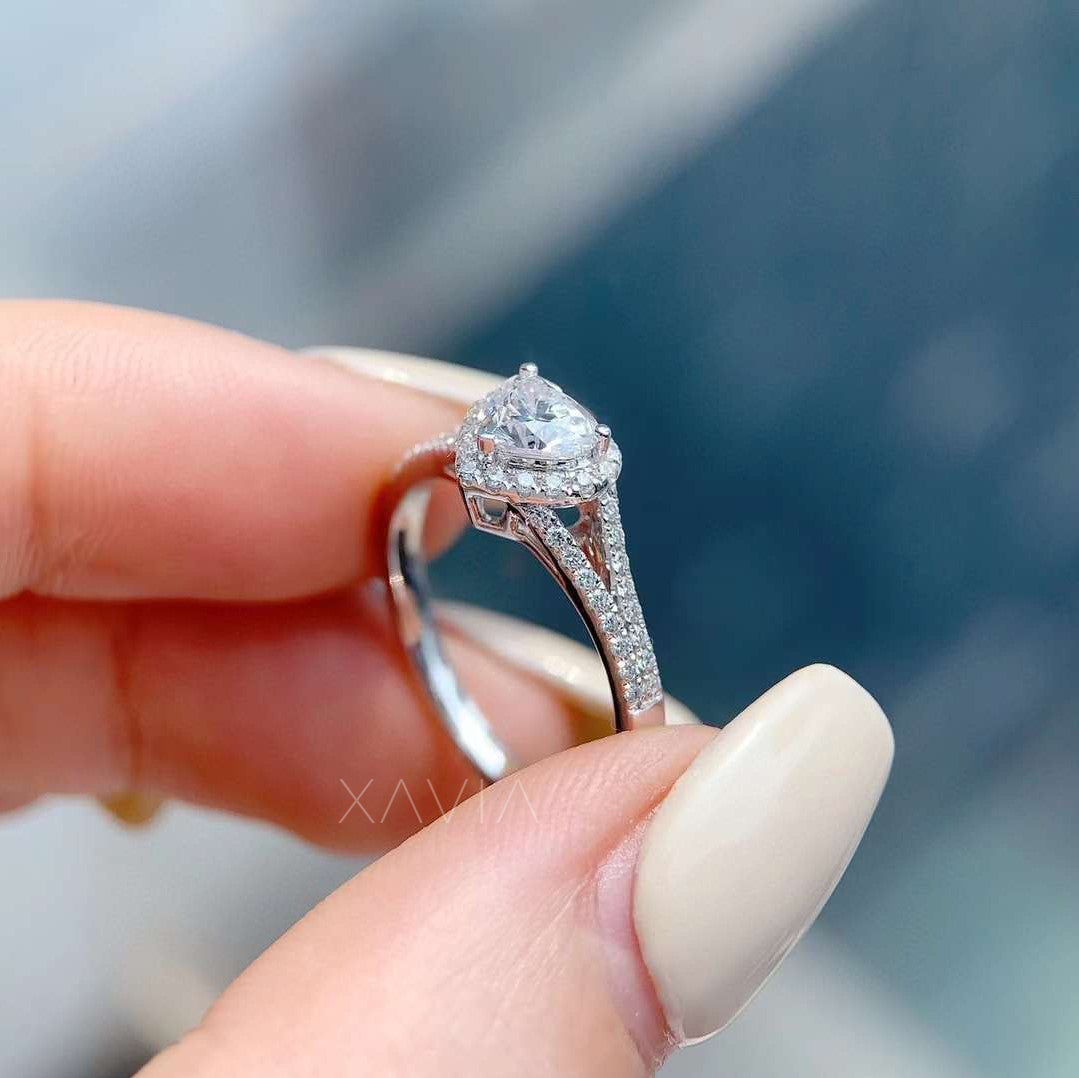 side view of heart diamond engagement ring with open gallery