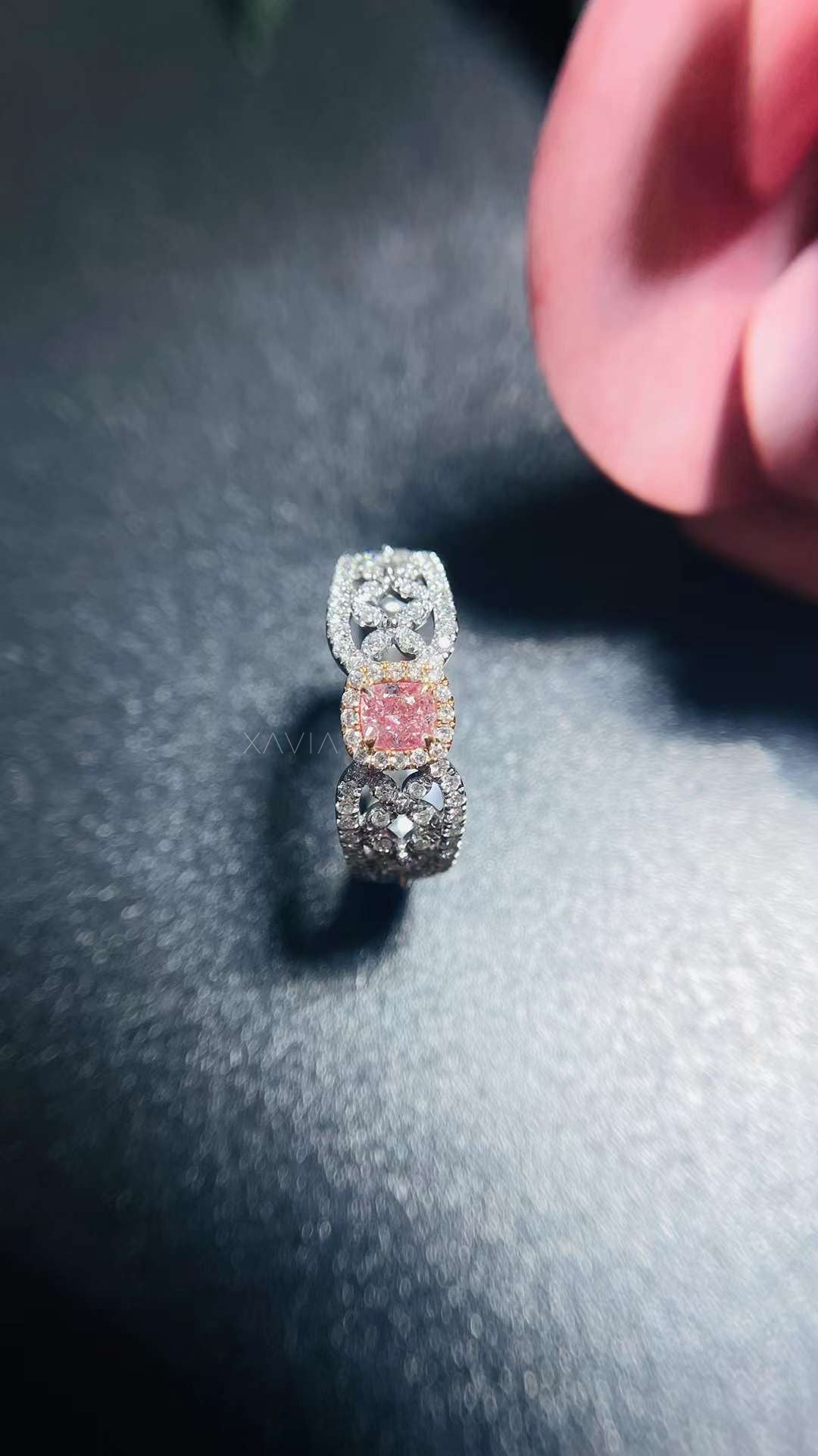 top angle view of Aurivine cushion cut pink diamond halo ring with pavé floral filigree band in white gold