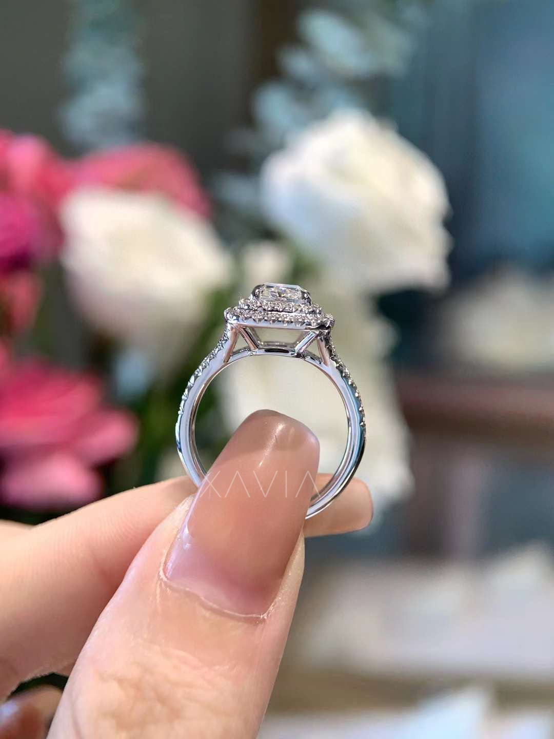 rear gallery view of double halo cushion ring showing pavé band and elevated under-gallery structure