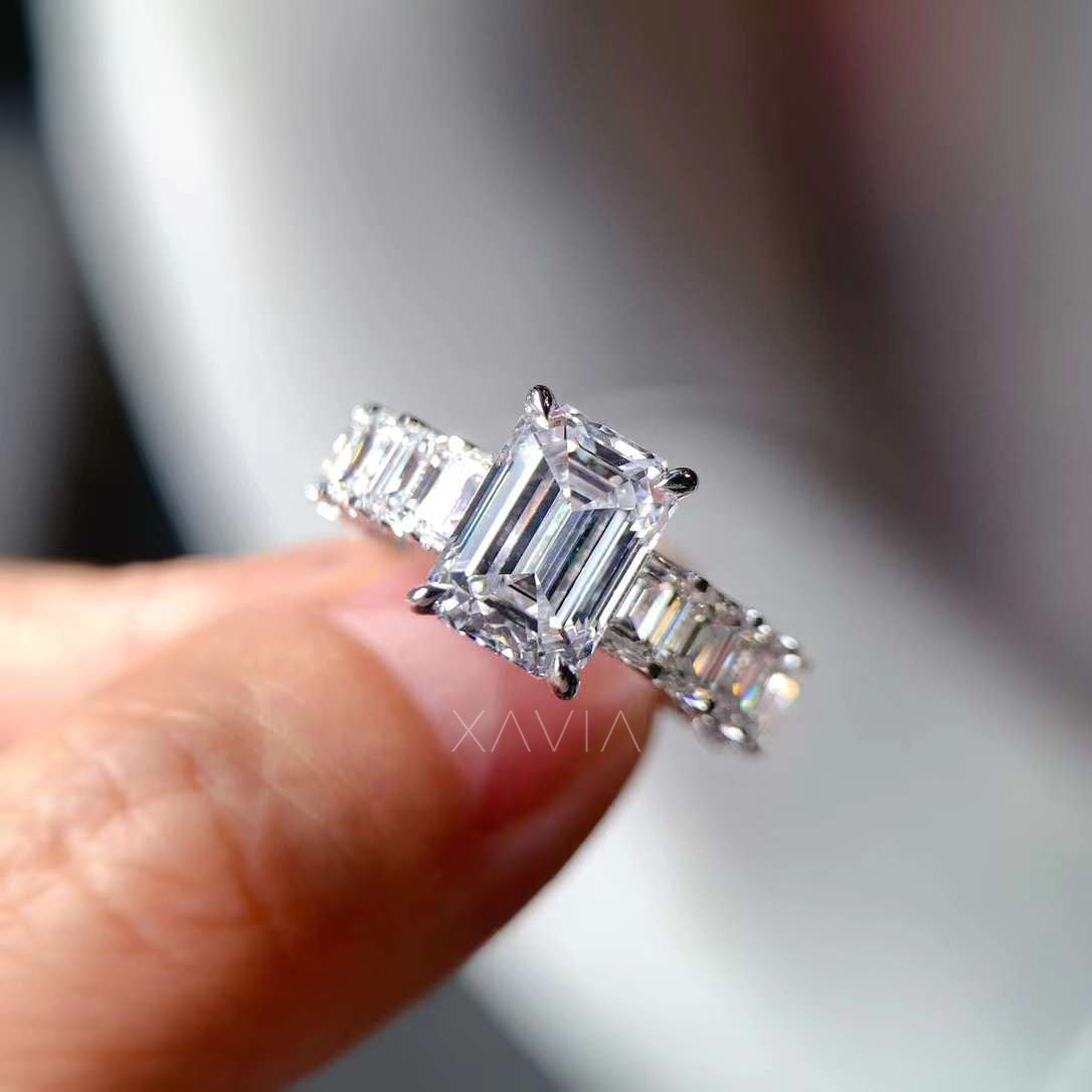 natural light view of baguette band lab diamond engagement ring