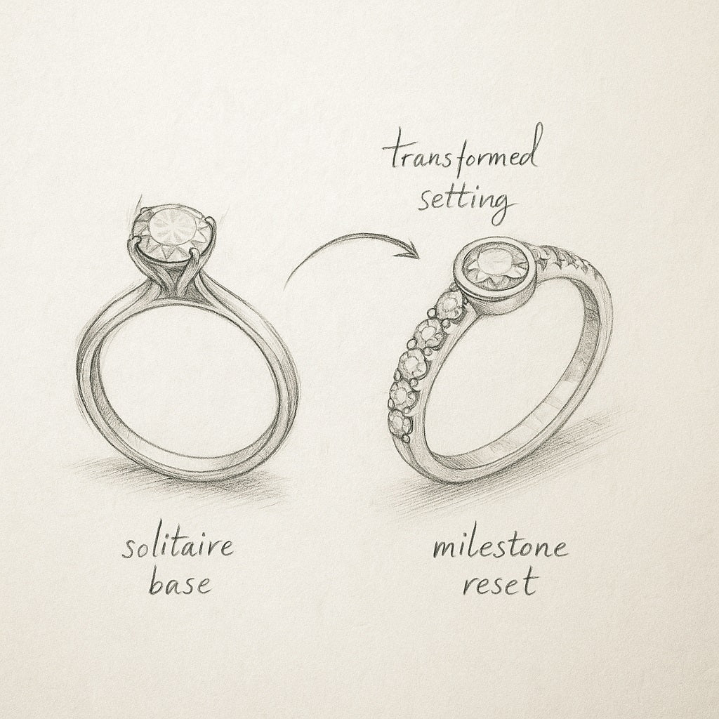 Illustration of two diamond rings labeled 'solitaire base' and 'milestone reset' on a beige background. - Xavia Jewels