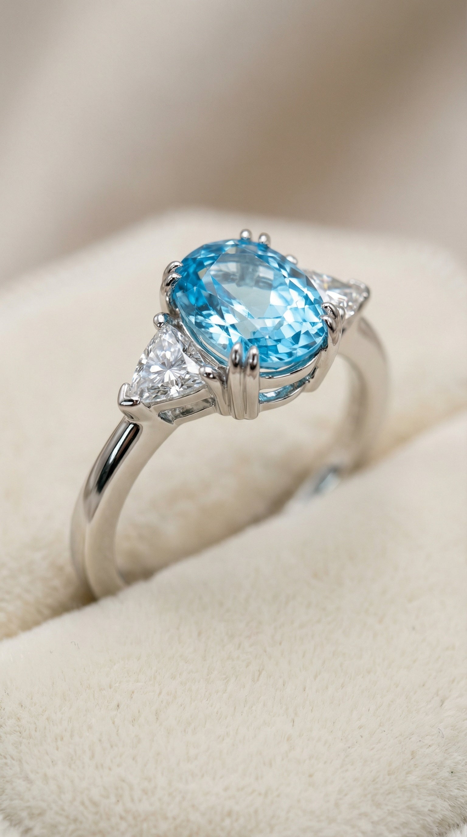 Angled perspective of cushion cut blue lab diamond engagement ring with trillion side stones in elegant white gold prong setting