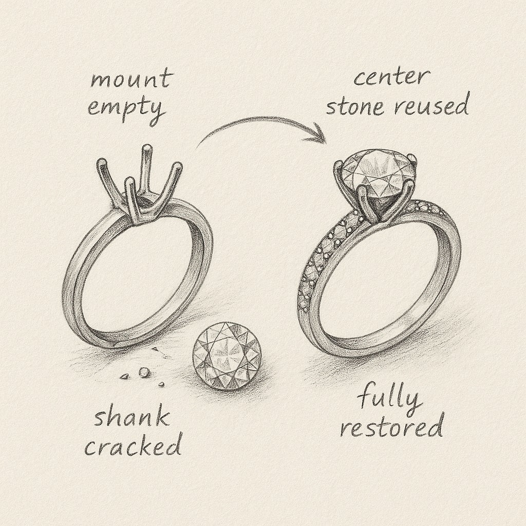 Illustration of a ring restoration process with 'mount empty', 'center stone reused', and 'fully restored' stages. - Xavia Jewels