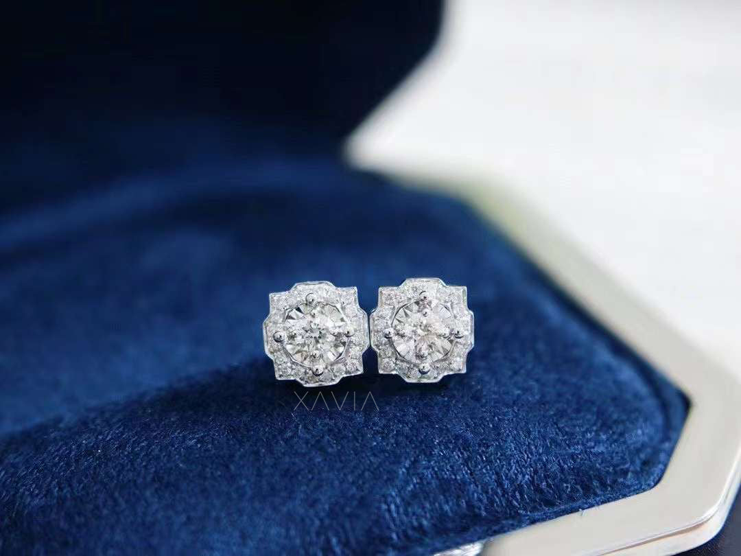 Single pair of round lab-grown diamond studs with scalloped halo