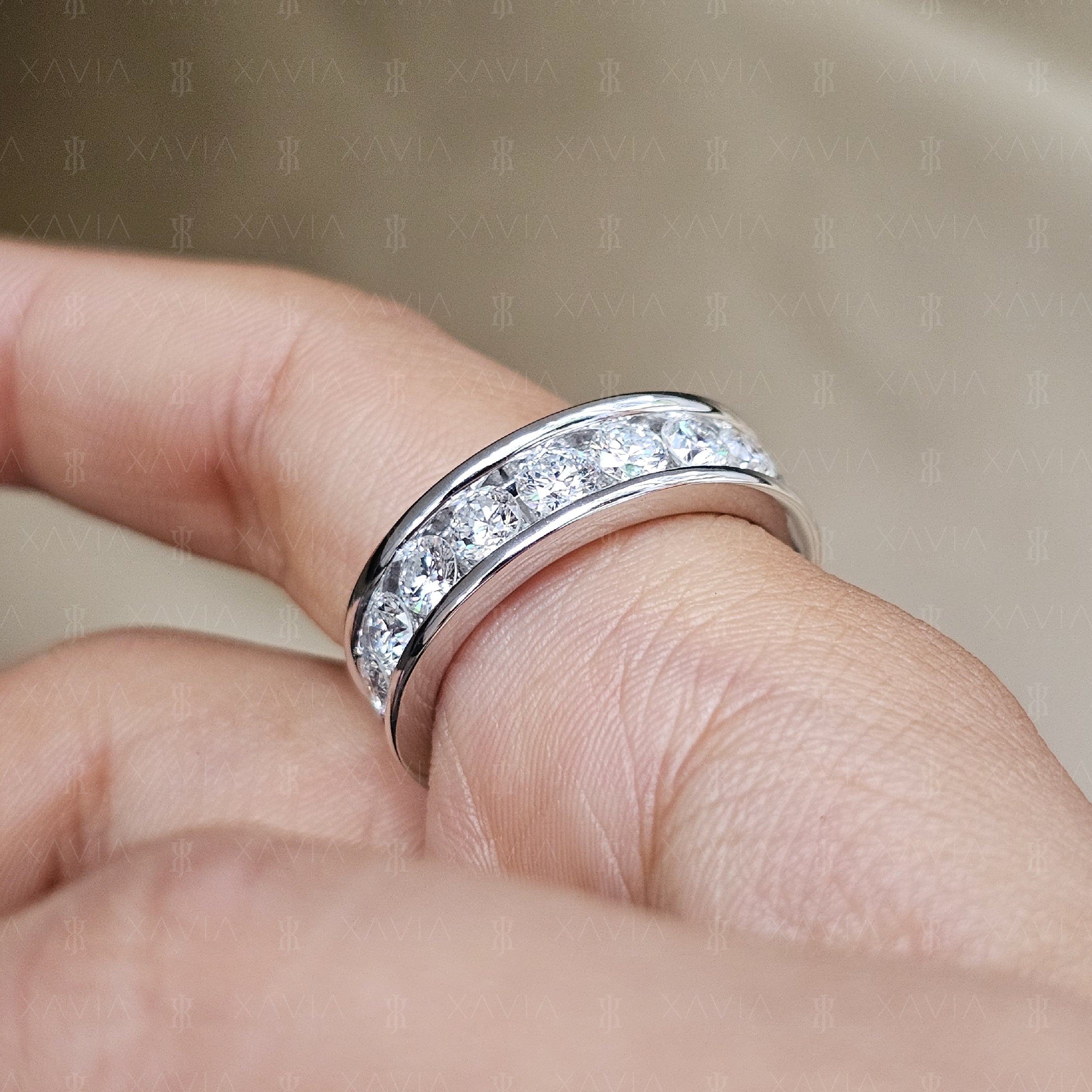 Close-up angled view of round brilliant lab-grown diamond eternity ring with smooth comfort-fit channel setting and mirror-polish finish