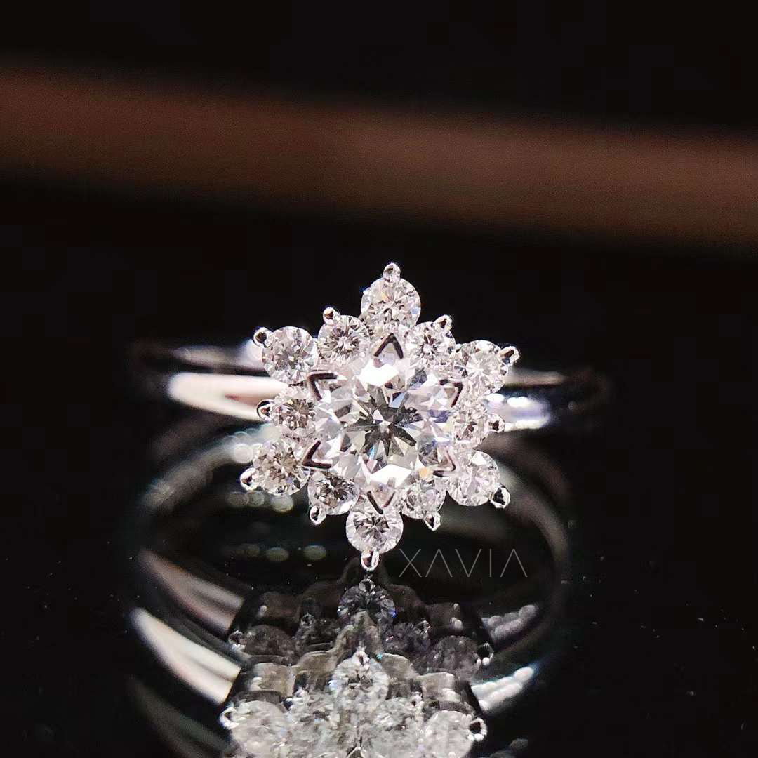 macro close up of round brilliant lab grown diamond floral halo ring showing starburst cluster diamond petals surrounding central brilliant diamond