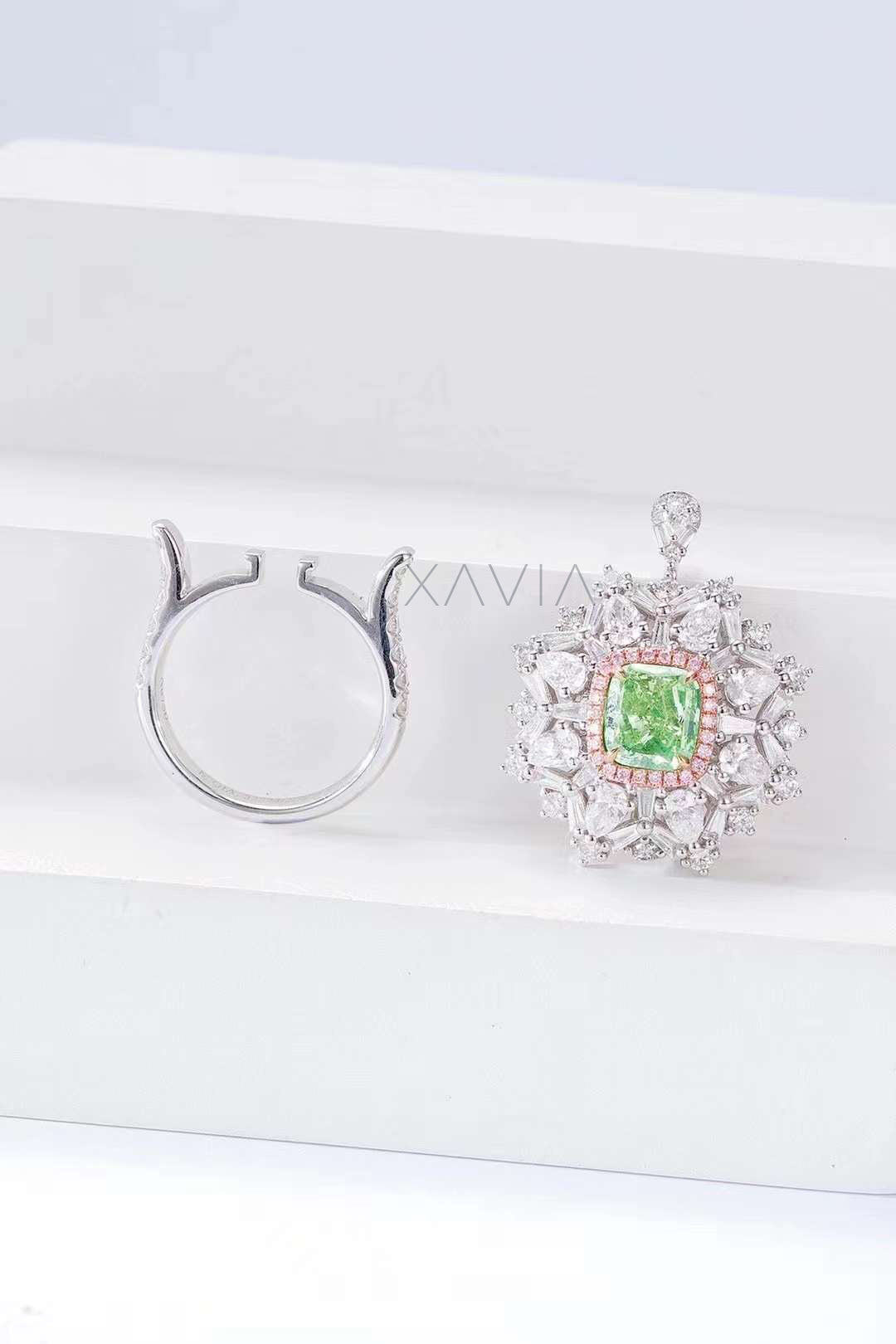 versatile cushion green diamond halo ring shown with detachable pendant option, luxury cluster diamond design