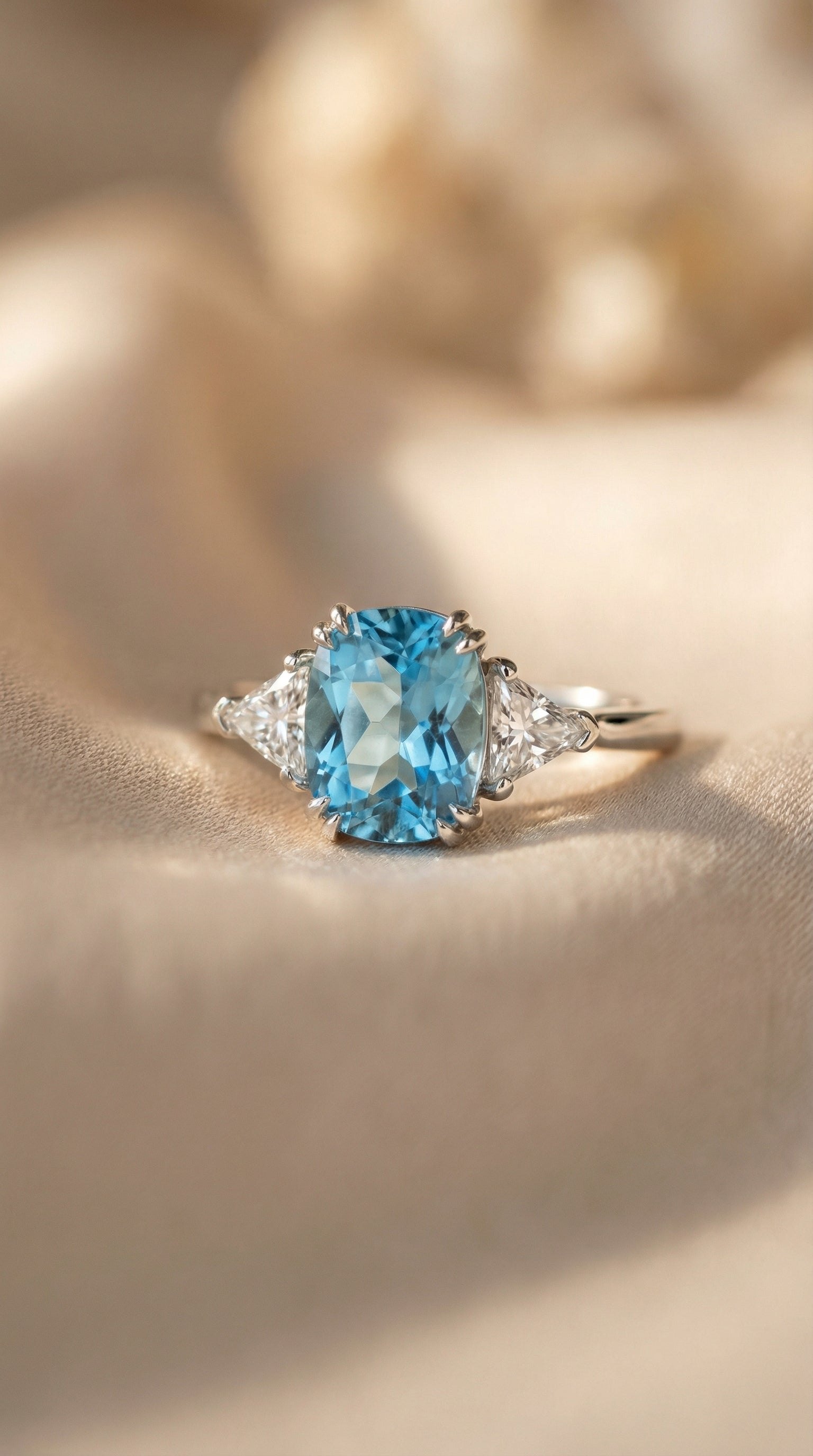 Front view of cushion cut blue lab grown diamond engagement ring with trillion cut side diamonds in white gold prong setting