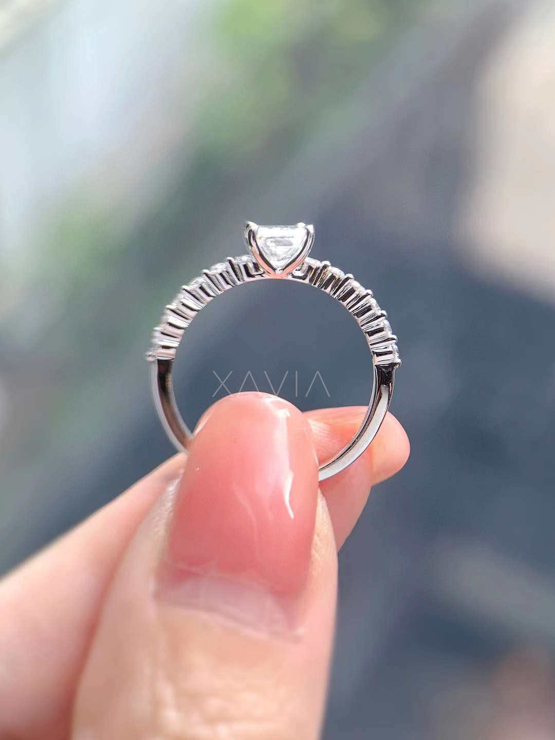 Rear gallery view of cushion cut lab grown diamond ring revealing pavé diamond band craftsmanship and solitaire basket setting