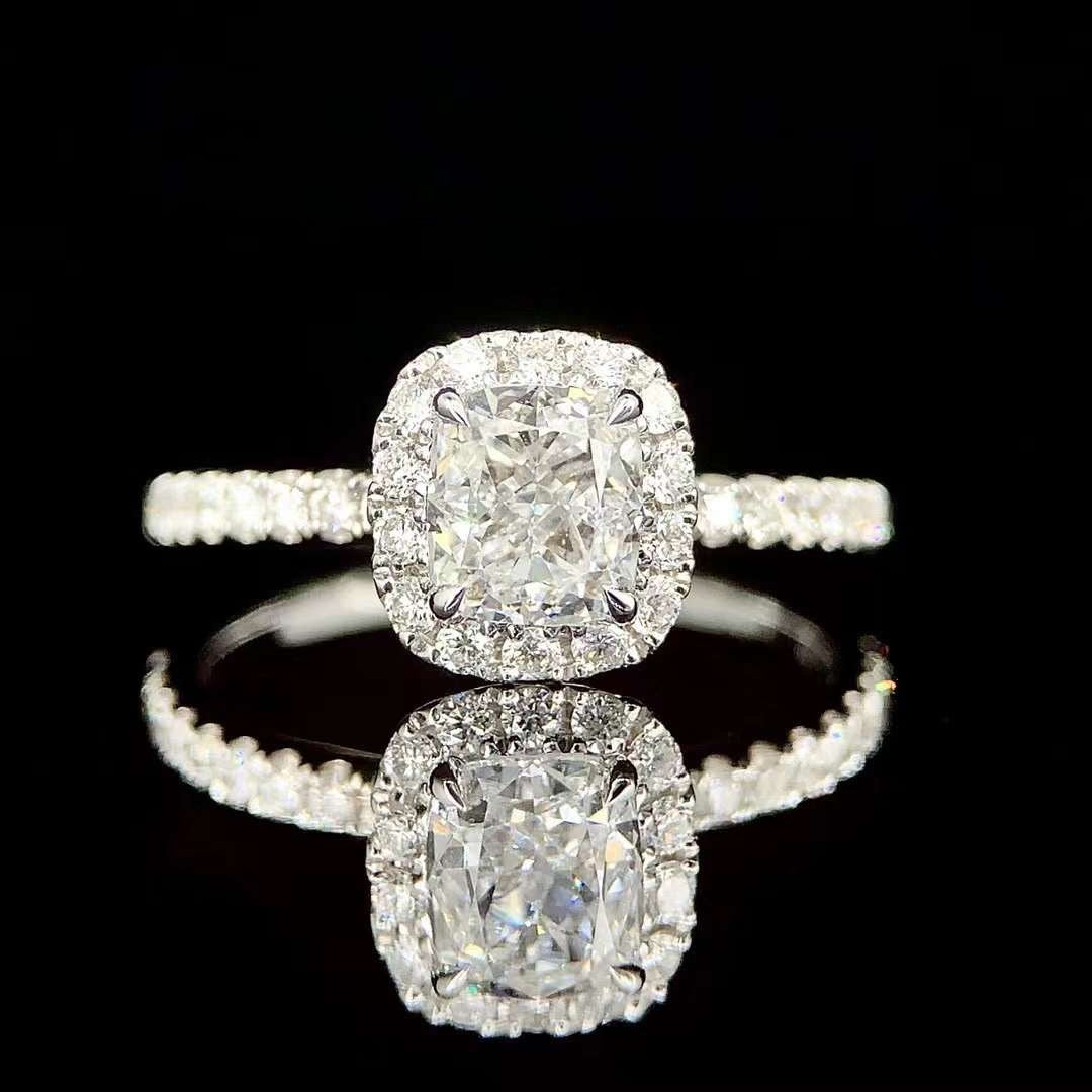 cushion cut lab diamond engagement ring with halo in front view