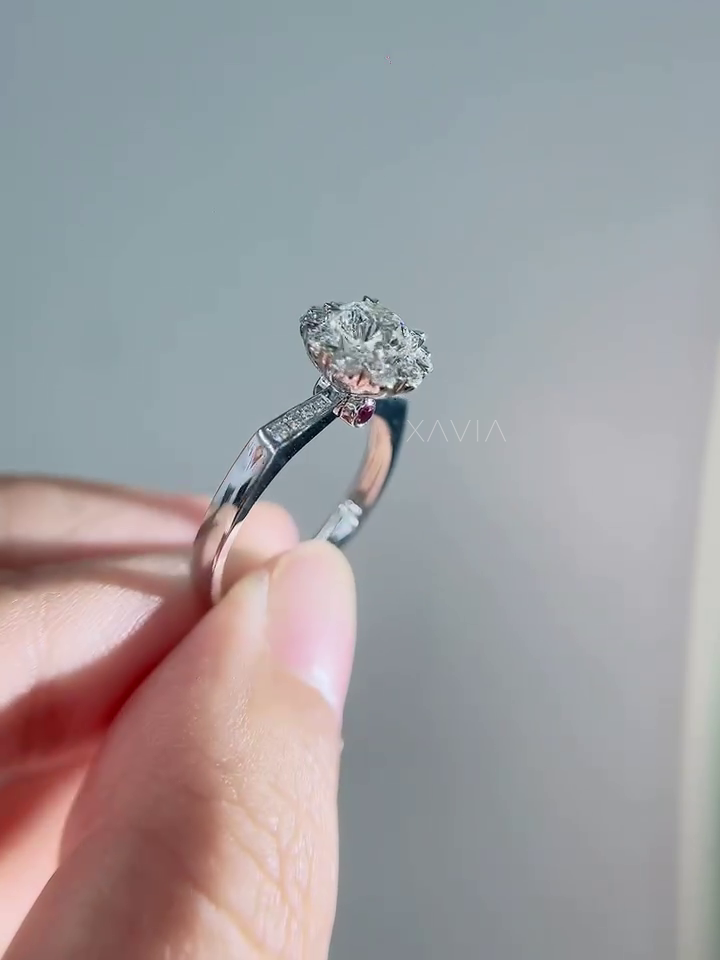 Profile image of round brilliant lab diamond halo engagement ring emphasizing sculpted gallery and pavé diamond band