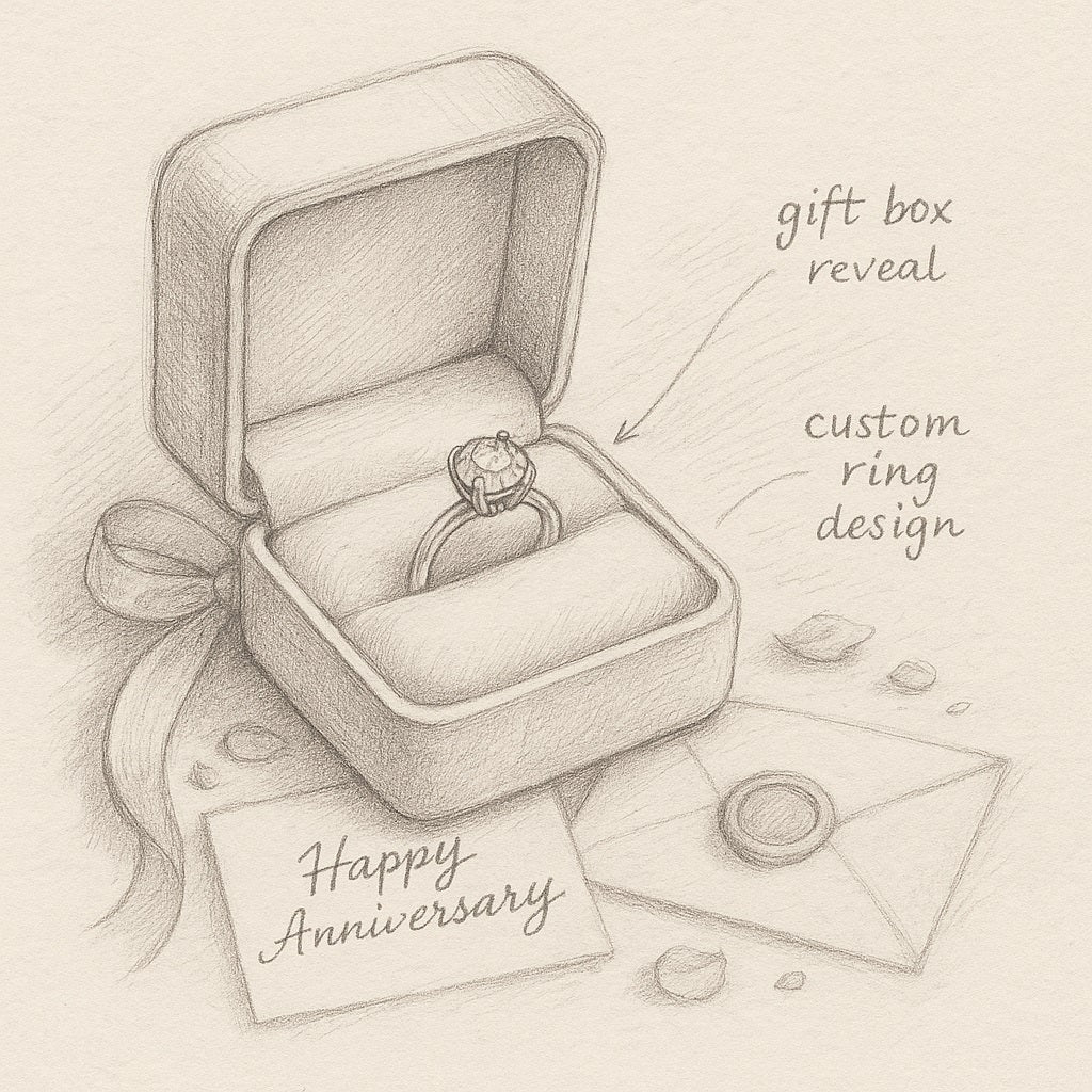 Illustration of an open gift box with a ring, accompanied by a 'Happy Anniversary' card and envelope. - Xavia Jewels