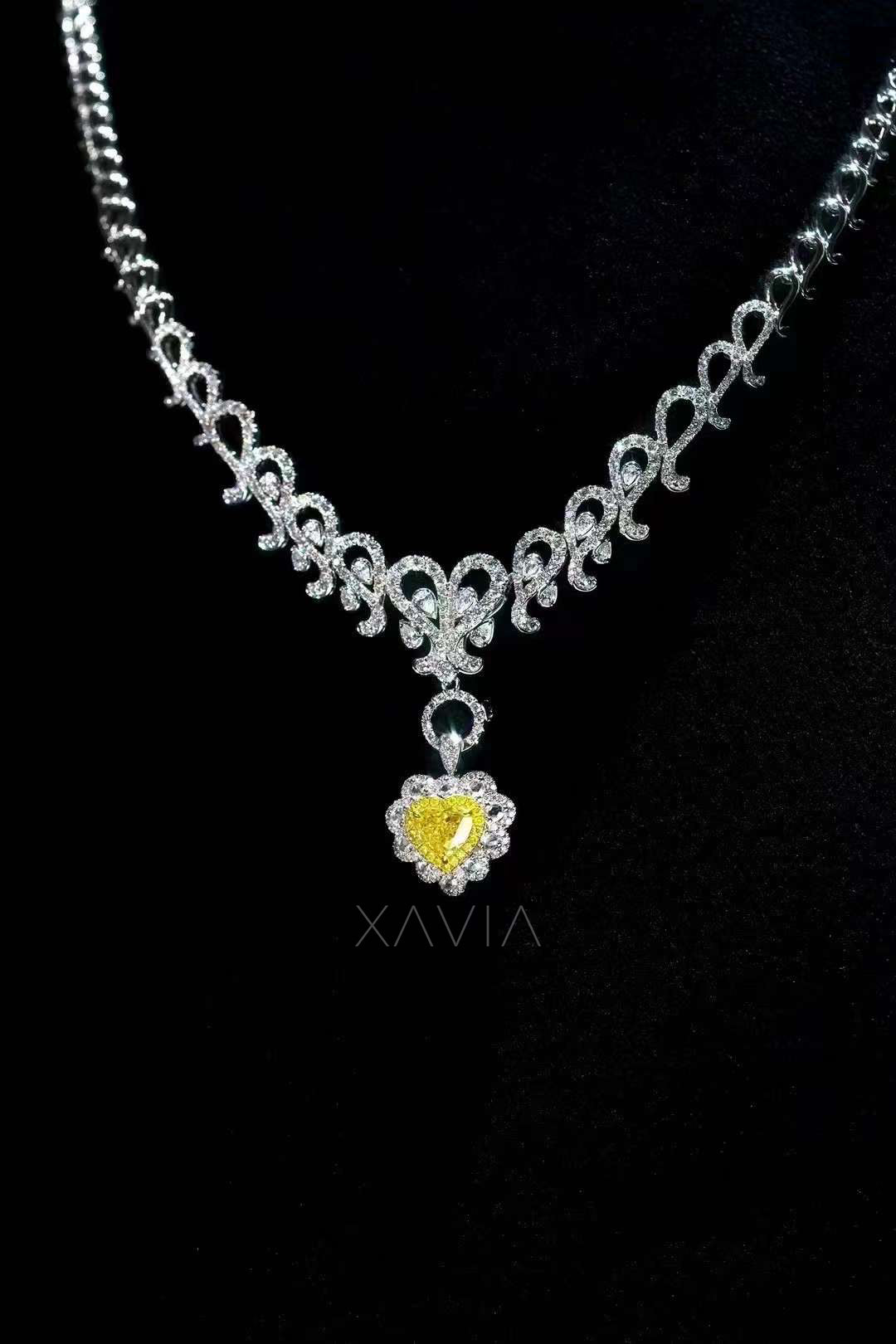elegant diamond necklace featuring heart cut yellow lab grown diamond pendant surrounded by white diamond halo on black background