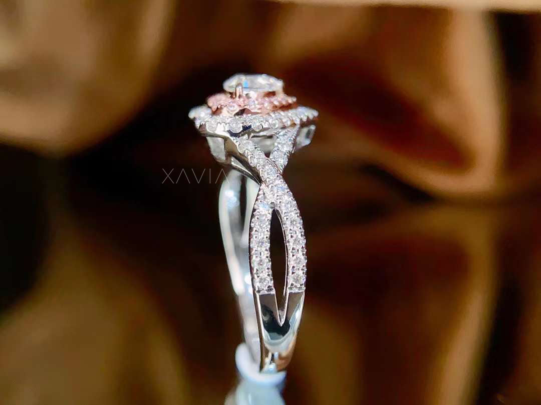 raised profile view of heart shaped lab diamond engagement ring with double halo and pavé detailing