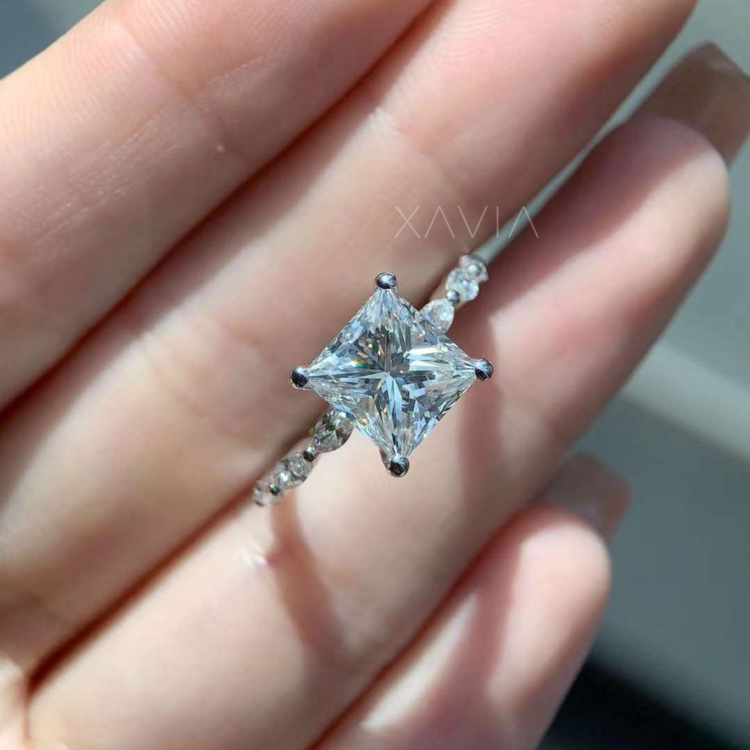 elevated basket setting on princess cut lab diamond ring