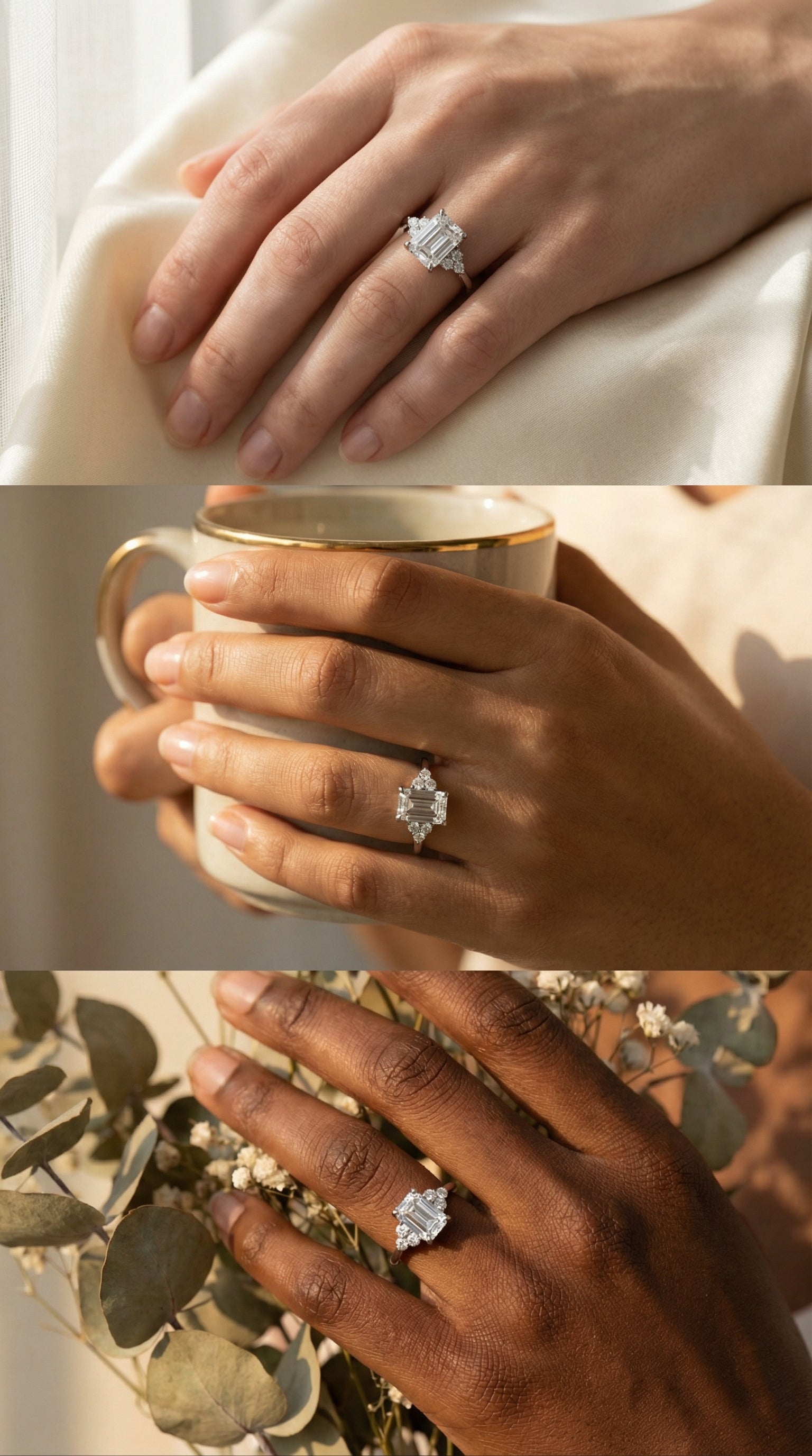 Engagement ring with emerald cut lab diamond center stone and round cluster side diamonds displayed on multiple hands demonstrating elegant modern bridal styling.