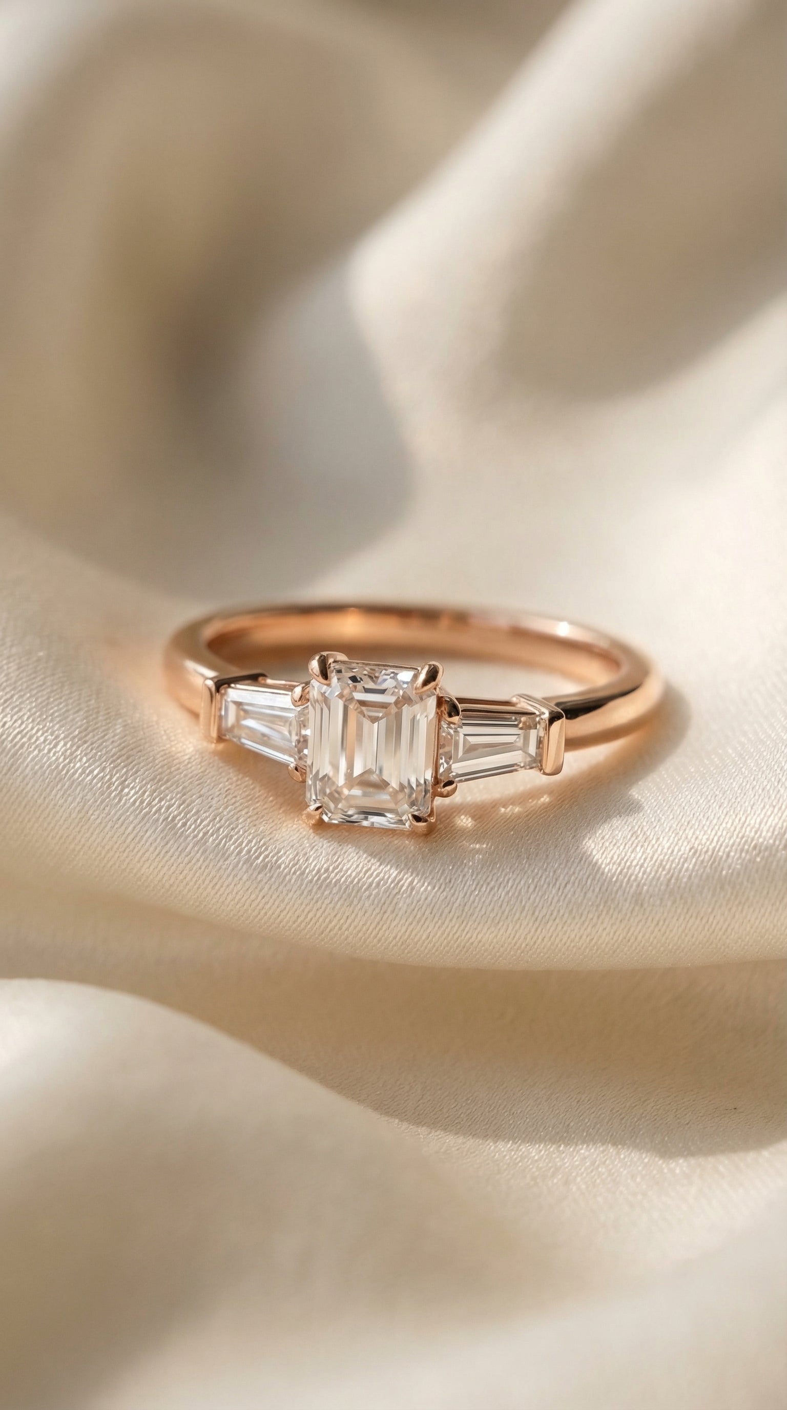 Angled macro view of emerald cut lab grown diamond three stone engagement ring with tapered baguette diamonds in polished rose gold prong setting