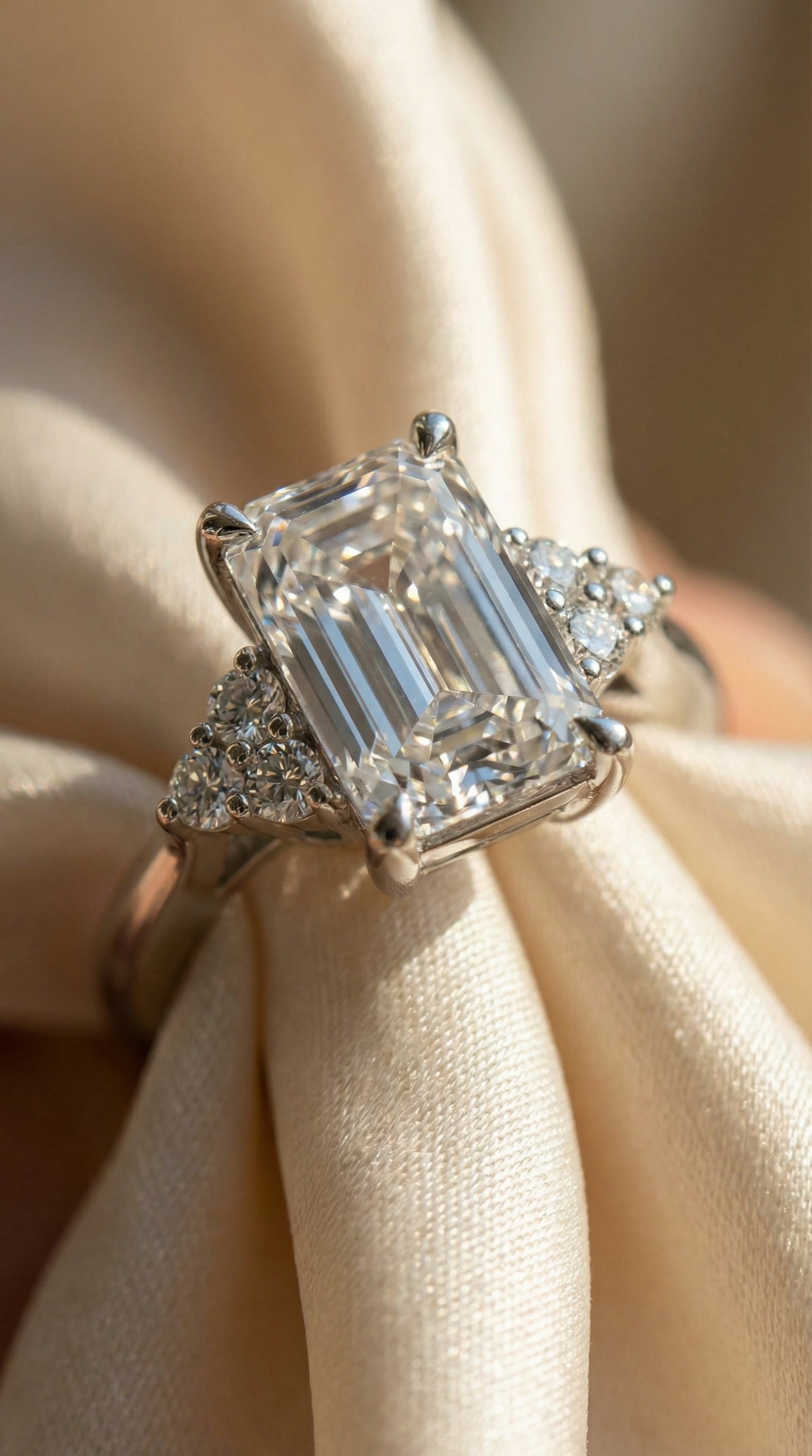 Close up macro image of emerald cut lab grown diamond engagement ring showing step cut facets, four prong setting and round diamond cluster accents on each side.