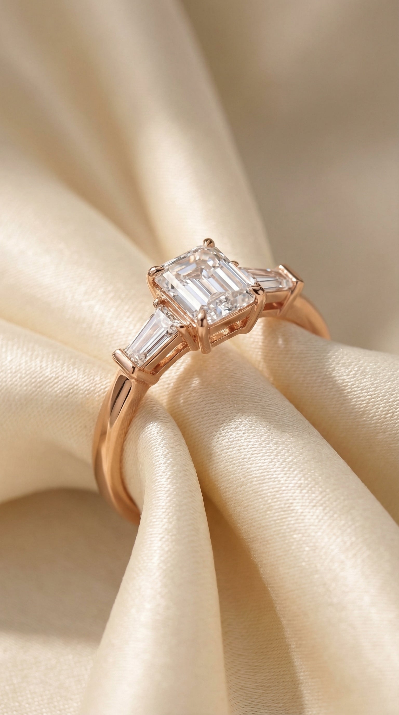Emerald cut lab grown diamond three stone engagement ring worn on model’s hand showing elegant finger coverage and tapered baguette diamond side stones