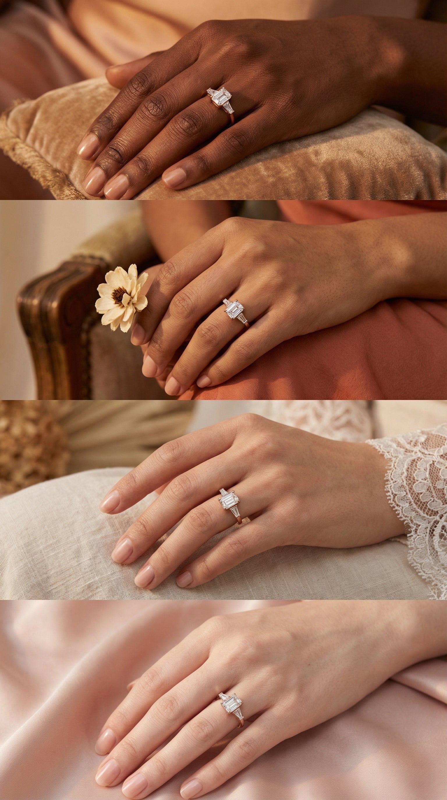 Front view of emerald cut lab grown diamond engagement ring featuring tapered baguette side stones set in elegant polished gold band on satin background
