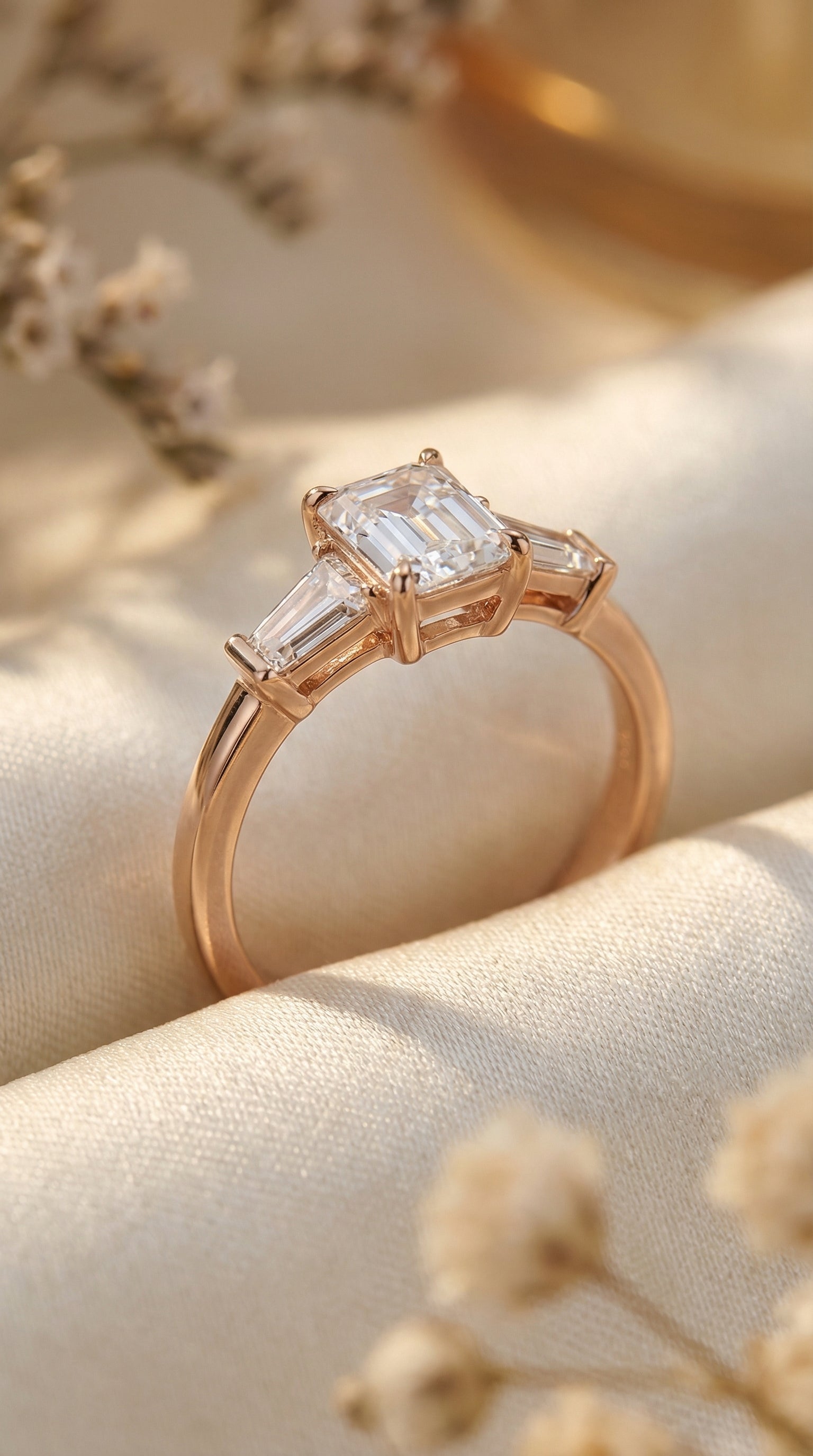 Elegant yellow gold emerald cut lab grown diamond three stone engagement ring photographed with delicate flowers highlighting tapered baguette side diamonds