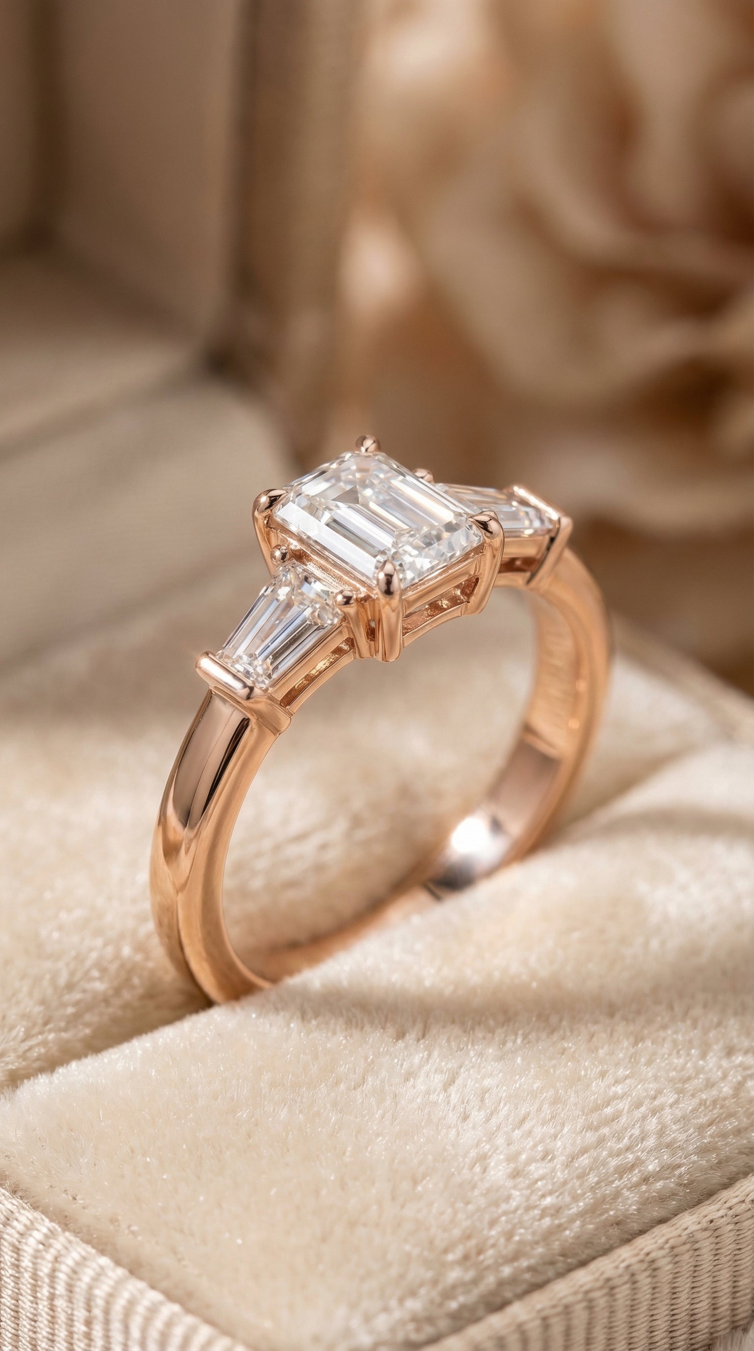 Technical diagram showing emerald cut lab grown diamond engagement ring measurements including center stone size, tapered baguette side diamonds and ring band proportions