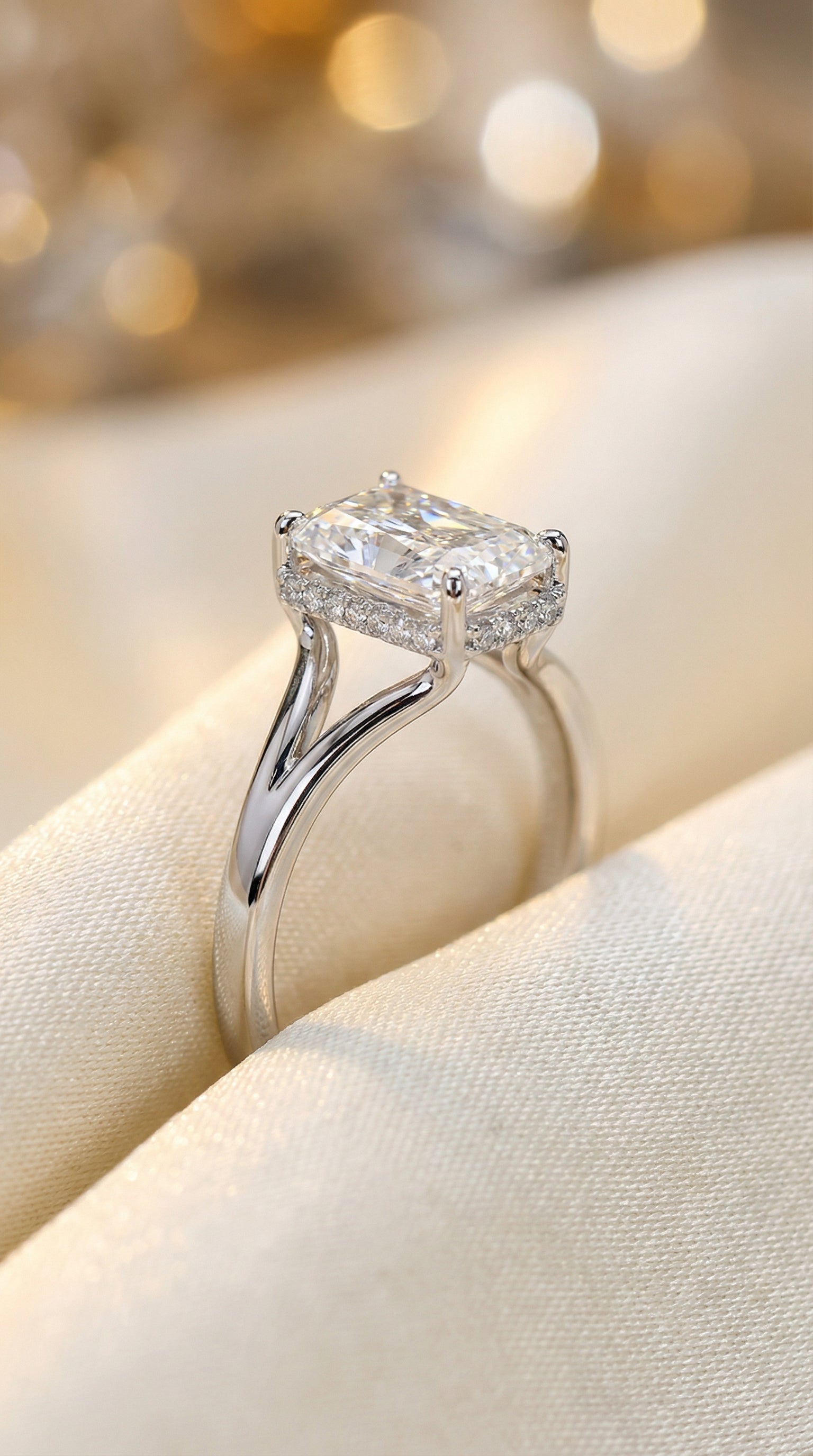 Diamond ring on a beige fabric with a blurred golden background having side view of the ring