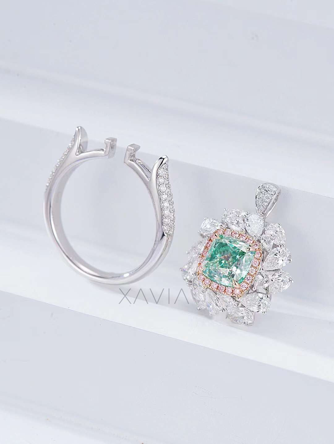 disassembled view of diamond ring showing pavé band and removable floral top setting