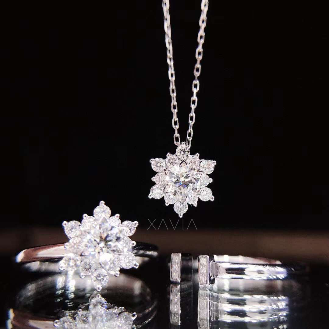 luxury lab grown diamond floral halo ring and matching pendant necklace set displayed together emphasizing starburst flower cluster diamond design
