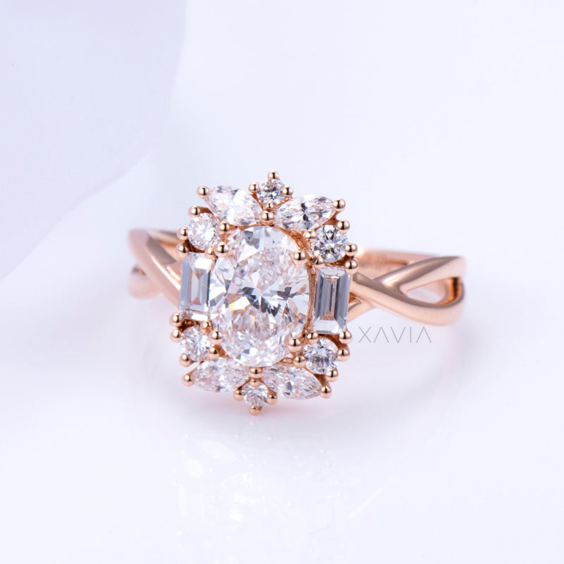 Rose gold ring with diamonds on a light purple background
