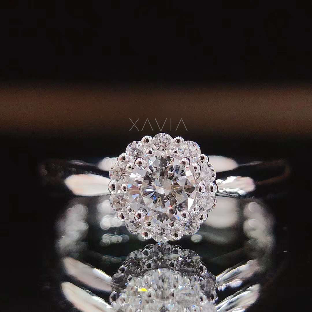 Side profile of round cut lab diamond engagement ring highlighting raised floral halo setting and smooth split shank design
