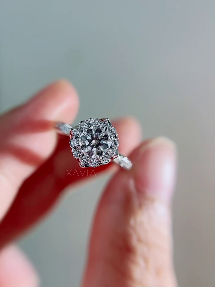 Top view of round lab-grown diamond engagement ring featuring circular halo arrangement and brilliant pavé band sparkle