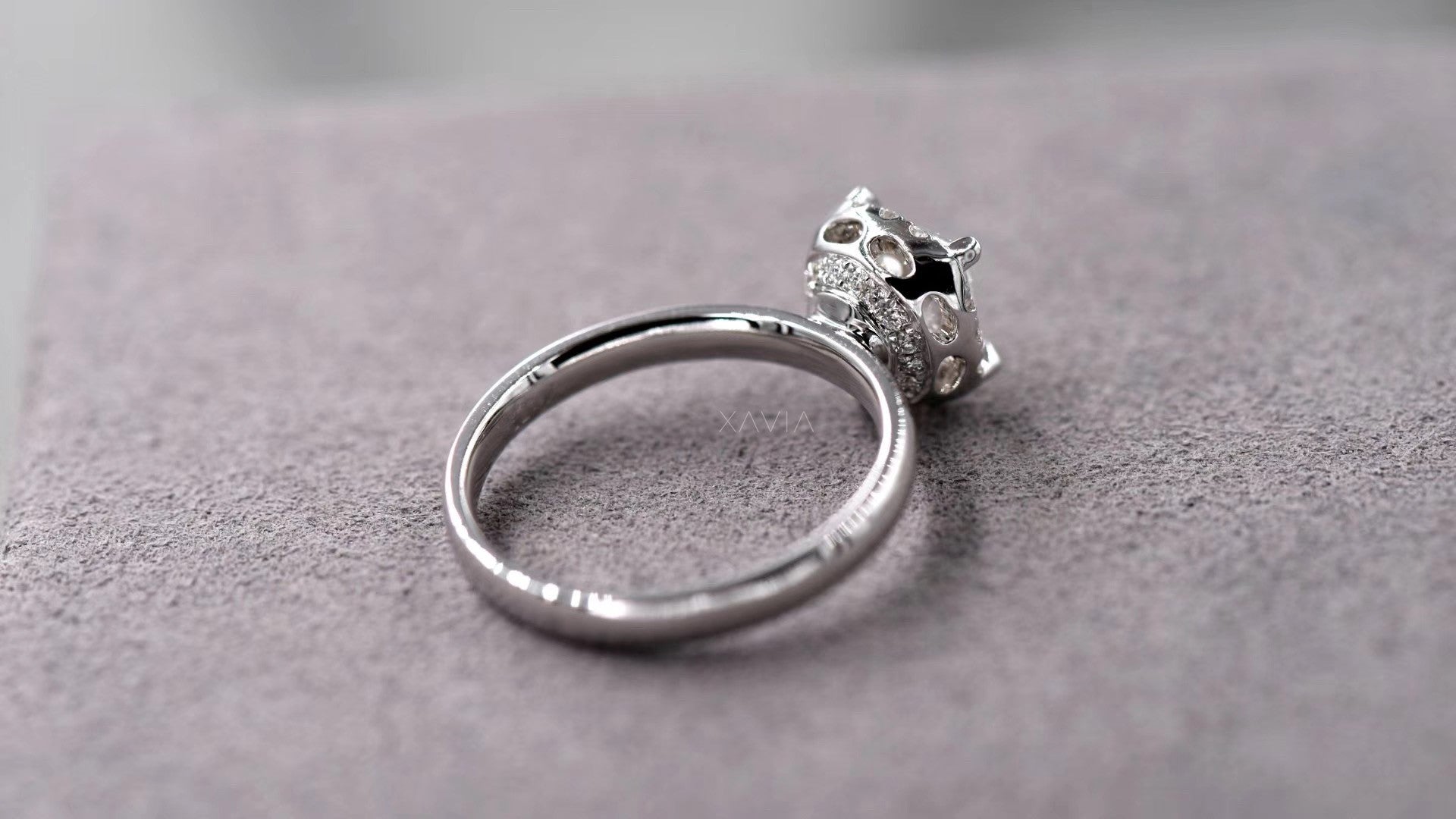 detailed gallery view of princess cut lab grown diamond halo ring showing sculpted crescent pavé setting structure and polished comfort fit band