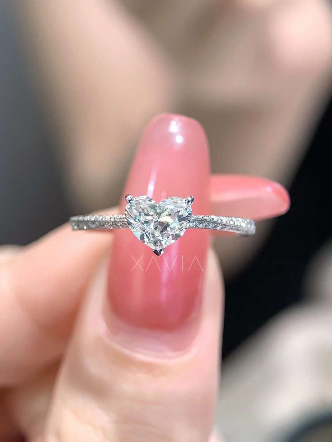 front view of heart cut lab-grown diamond solitaire engagement ring with pavé band in white gold
