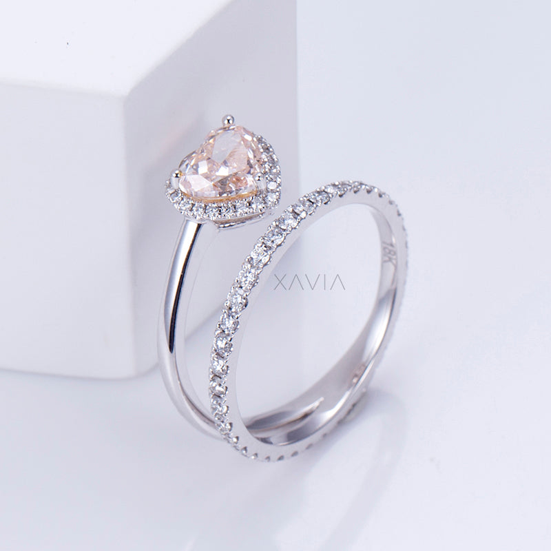 stacked heart cut halo diamond engagement ring with pavé eternity band in solid 18k white gold