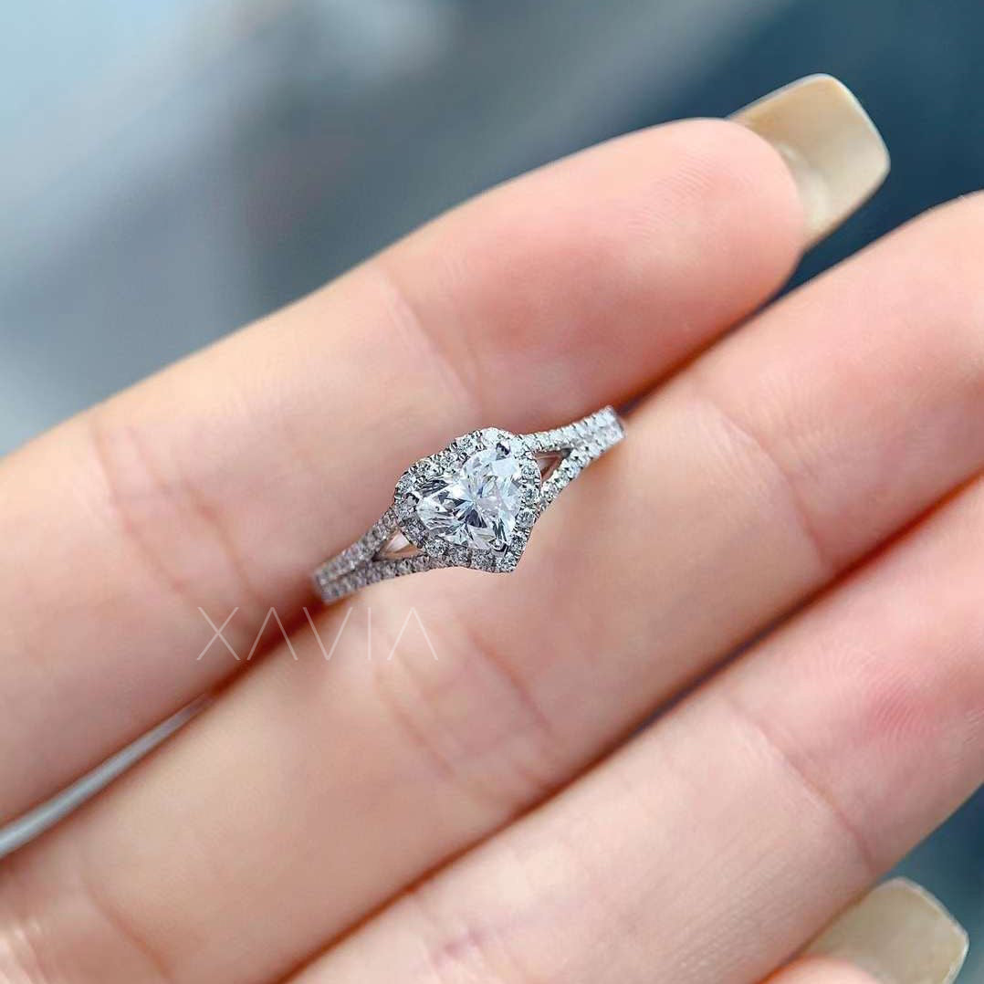 heart-shaped diamond ring with pavé halo and split band
