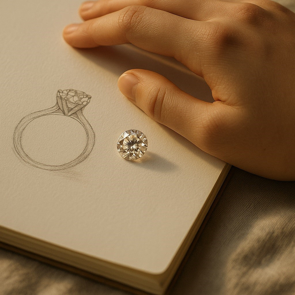 Real diamond next to a drawing on a sketchbook. - Xavia Jewels