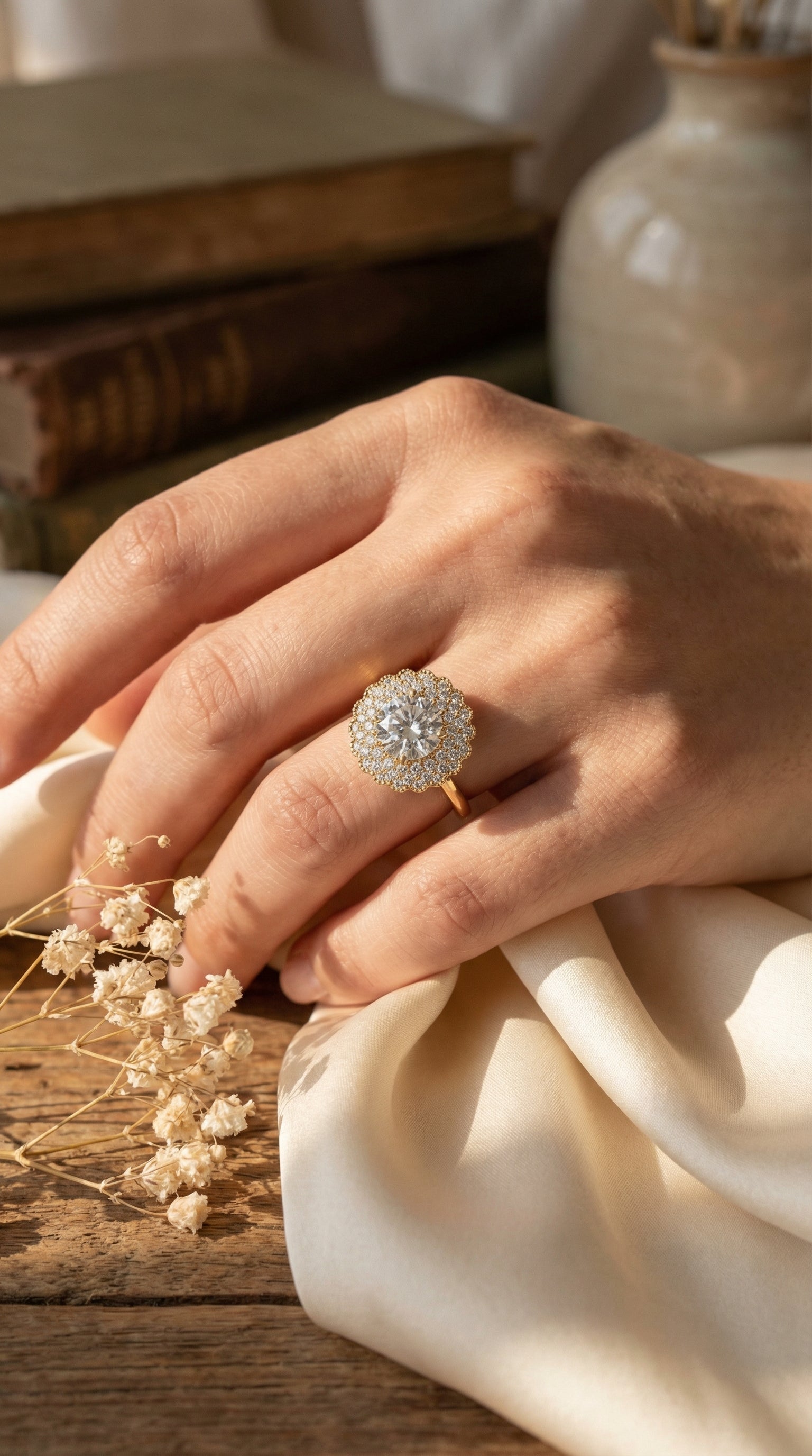 luxury round brilliant lab grown diamond engagement ring displayed in blush velvet ring box showing double halo diamond setting