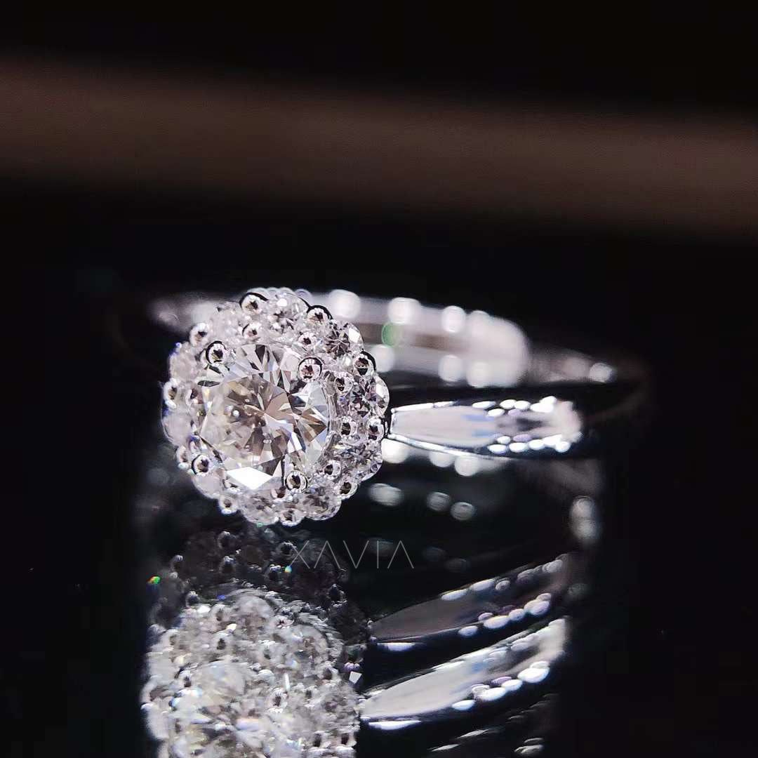 Top view of round brilliant lab diamond engagement ring displaying symmetrical floral halo and precision hand-set accent diamonds