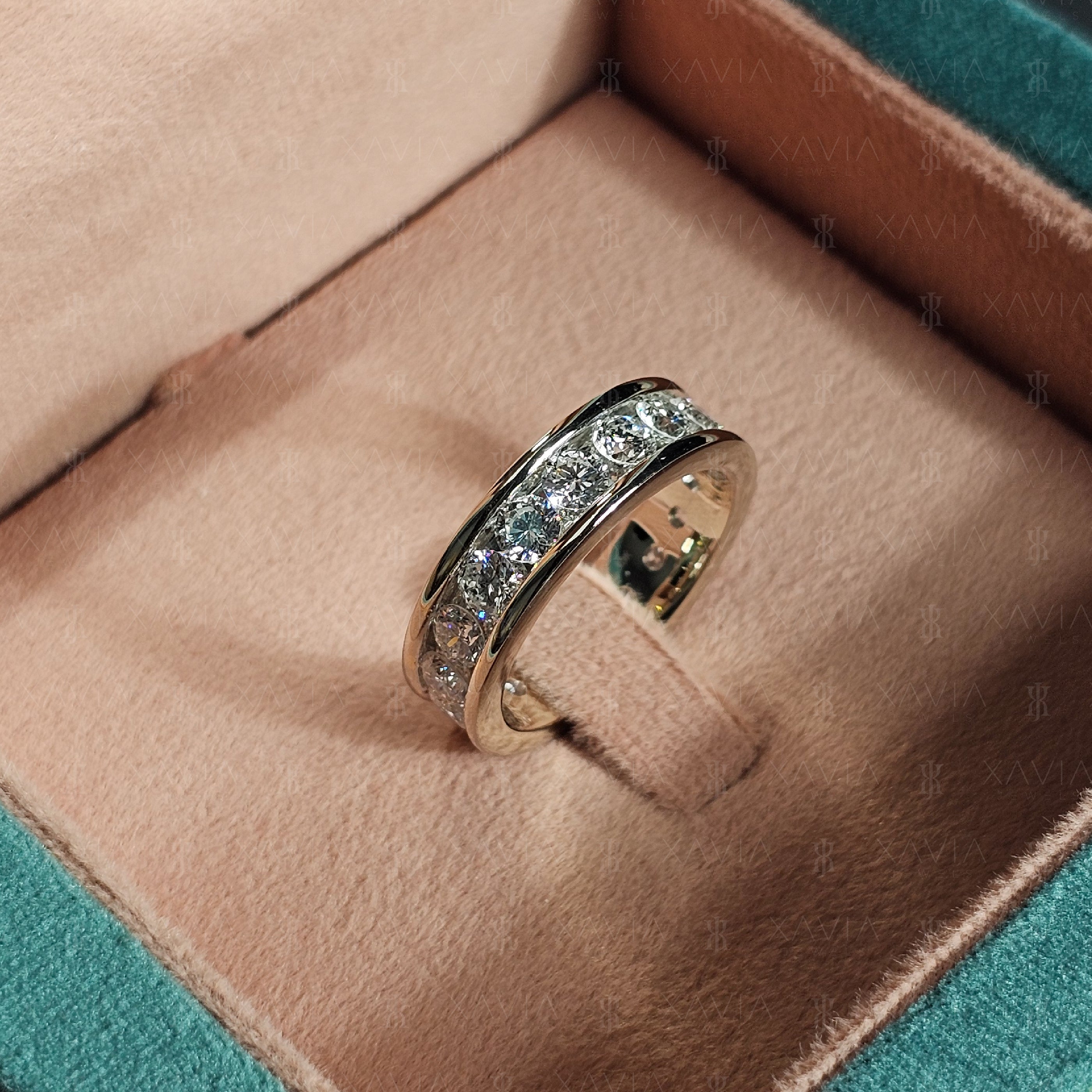 Luxury channel-set round diamond eternity band displayed inside velvet jewelry box with polished white metal and continuous sparkle