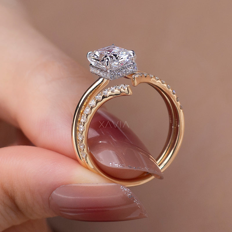 Luxury open bypass engagement ring featuring radiant cut lab diamond and pavé crescent shoulders in solid gold