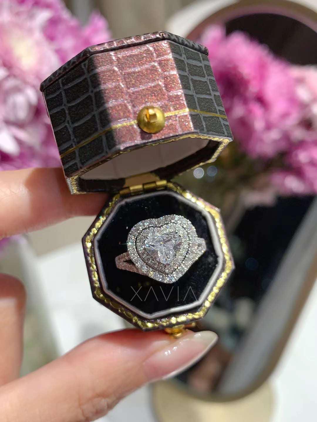 heart shaped lab grown diamond engagement ring with double halo inside luxury ring box display