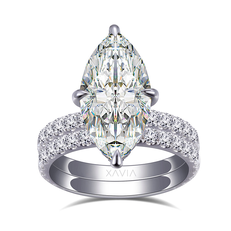 Front view of marquise cut lab grown diamond engagement ring with pavé band highlighting elongated silhouette and refined prong setting