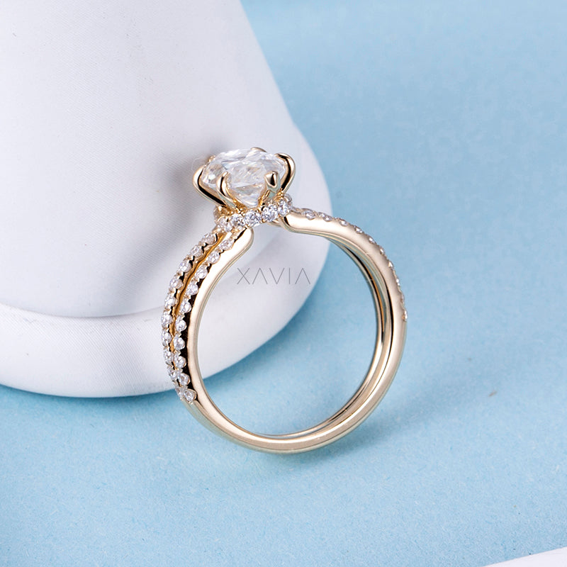 Rear angle view of marquise cut lab grown diamond ring showing smooth comfort fit band and elegant split shank structure