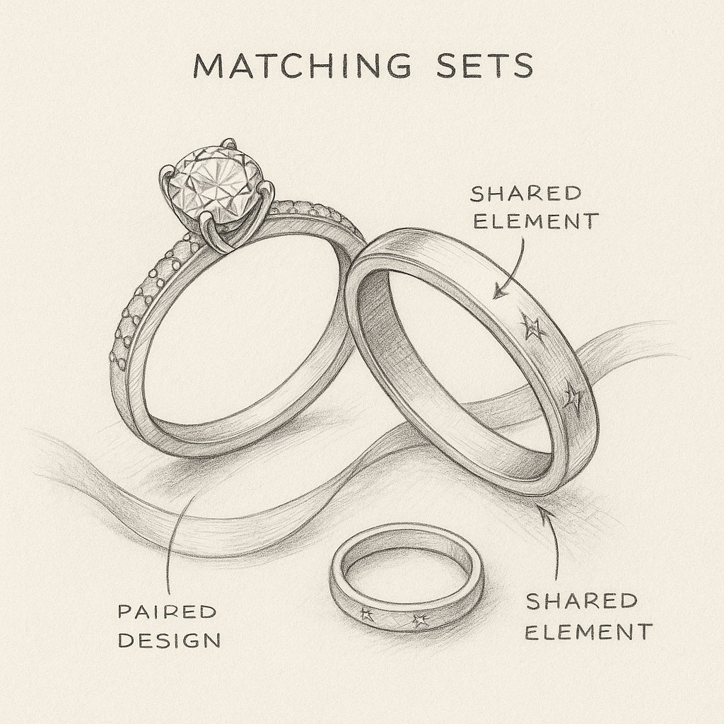 Illustration of a matching ring set with labeled shared elements on a beige background - Xavia Jewels