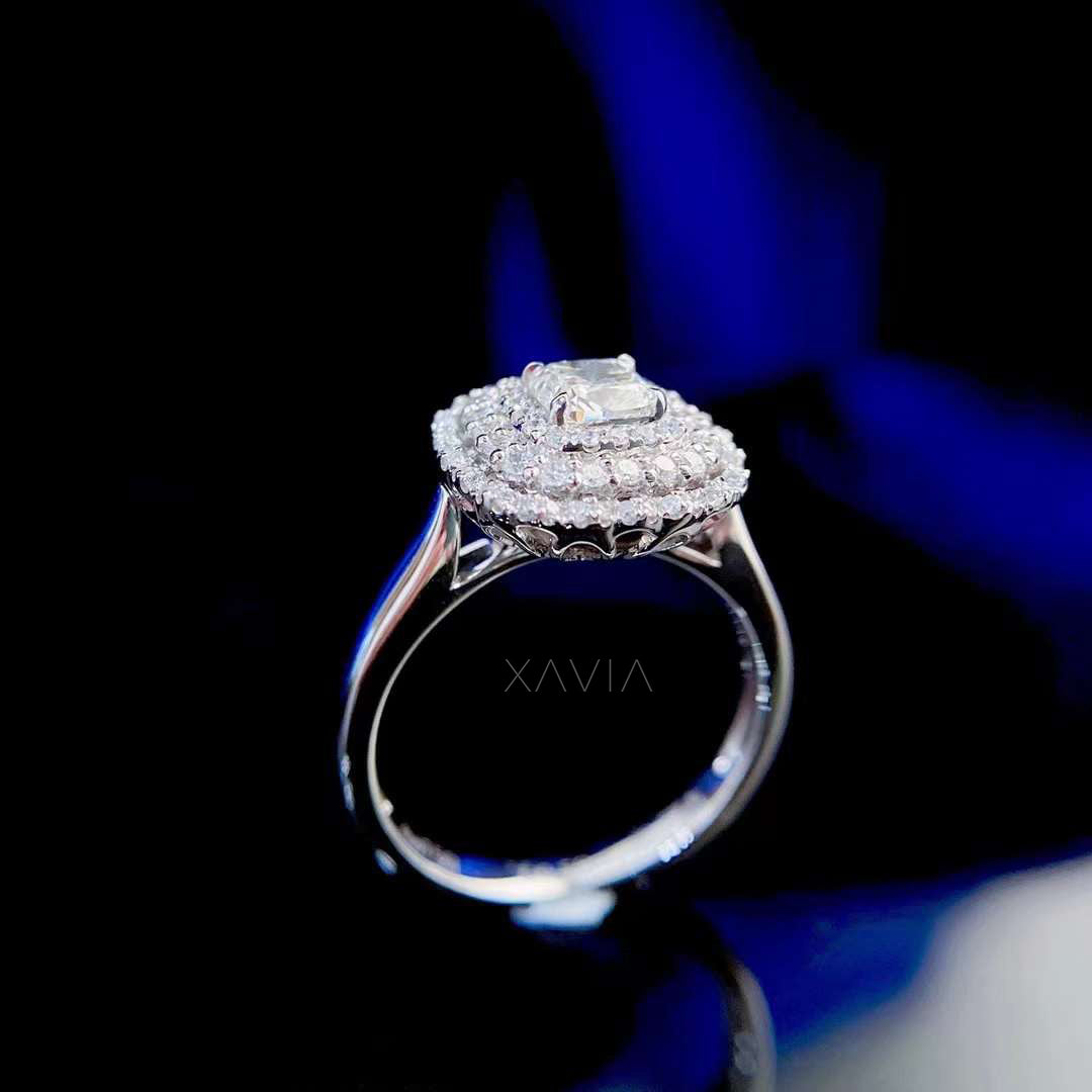 Gallery view of Noctyra cushion cut engagement ring showing detailed pavé halo craftsmanship and sculpted metalwork.