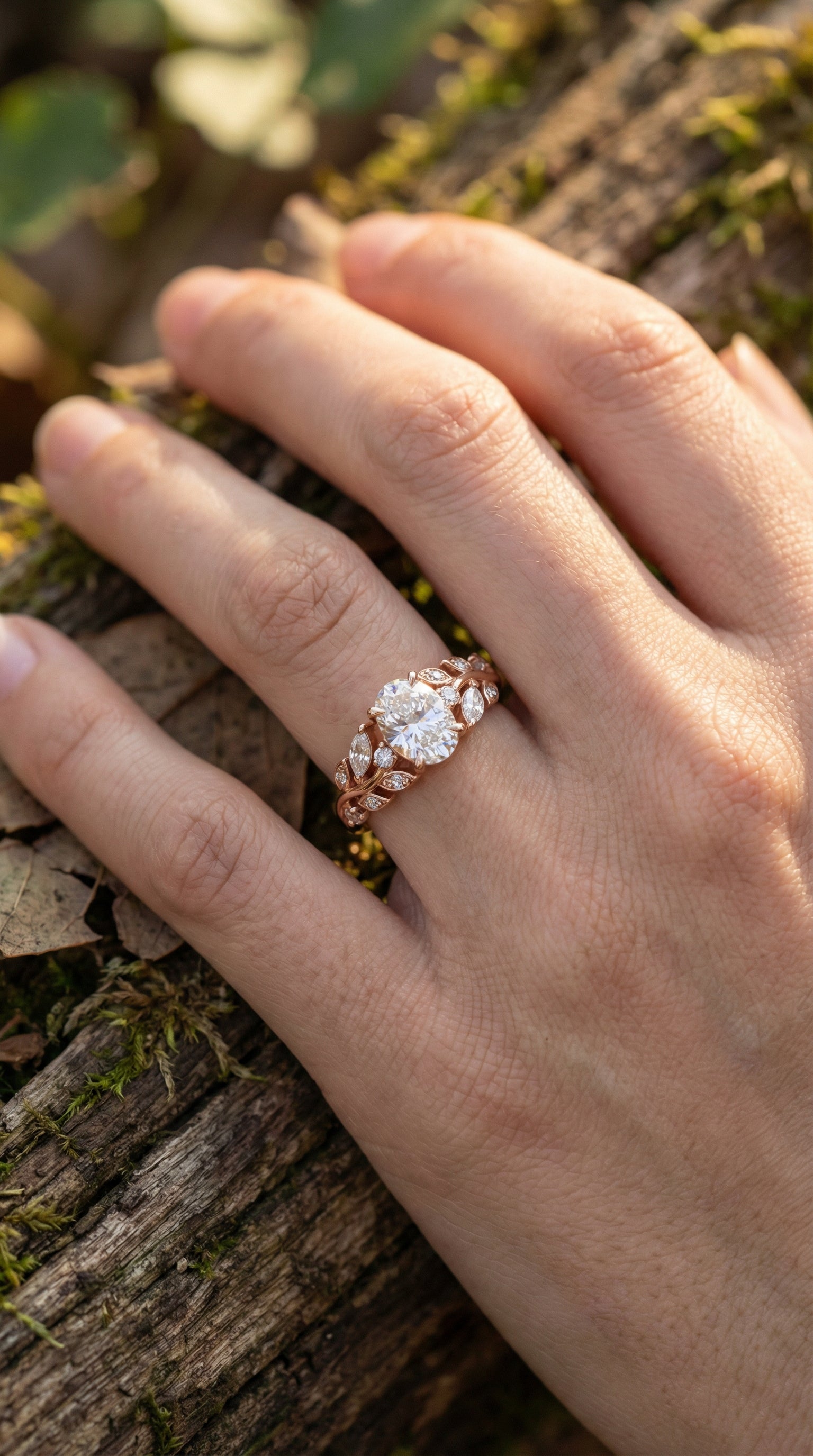 Verdelune Vine Oval Lab Diamond Engagement Ring with Leaf Accents