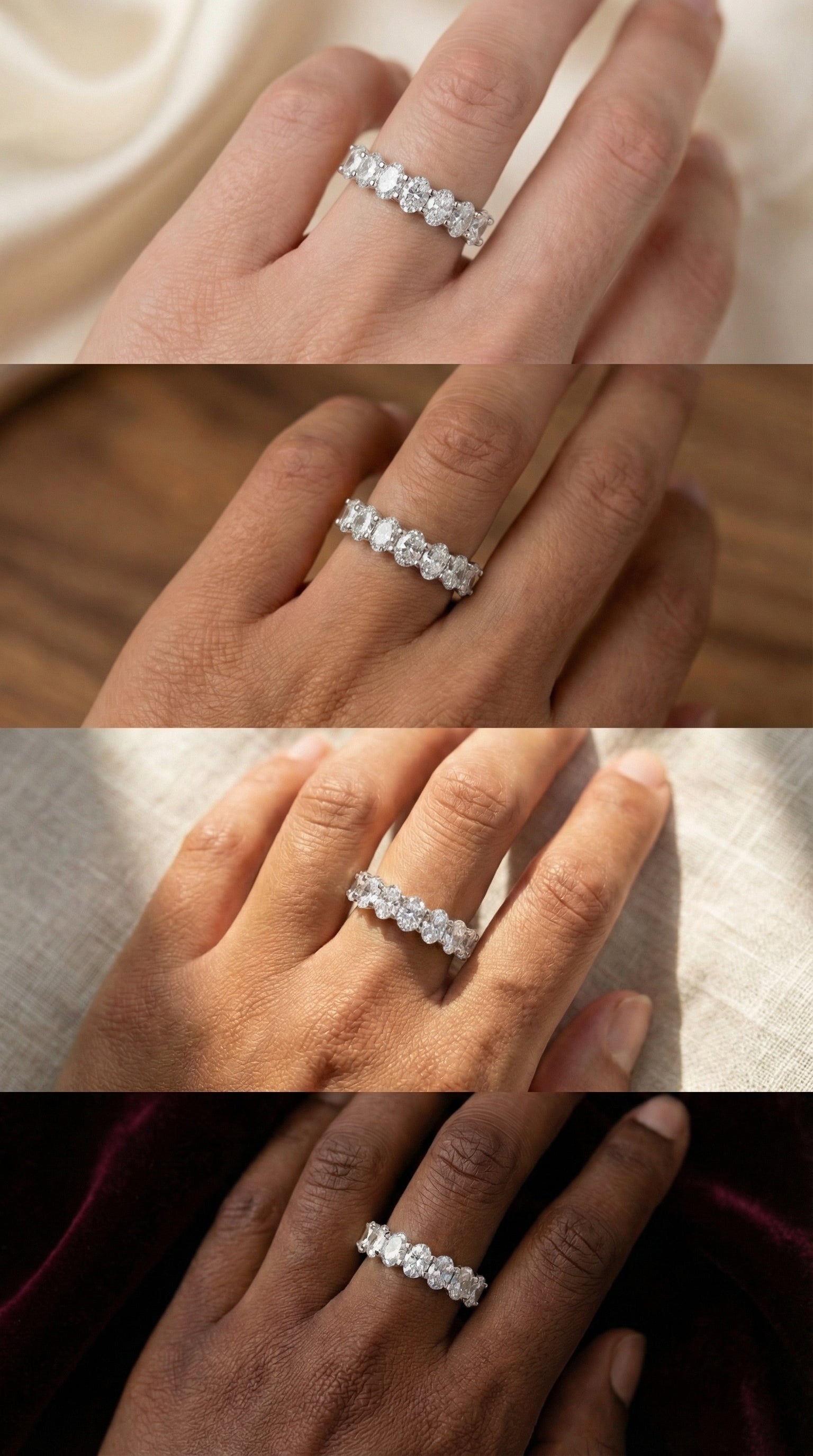 Close-up view of a seven stone oval cut lab grown diamond half eternity band ring worn on a model’s finger, showcasing shared prong setting and continuous oval diamond sparkle